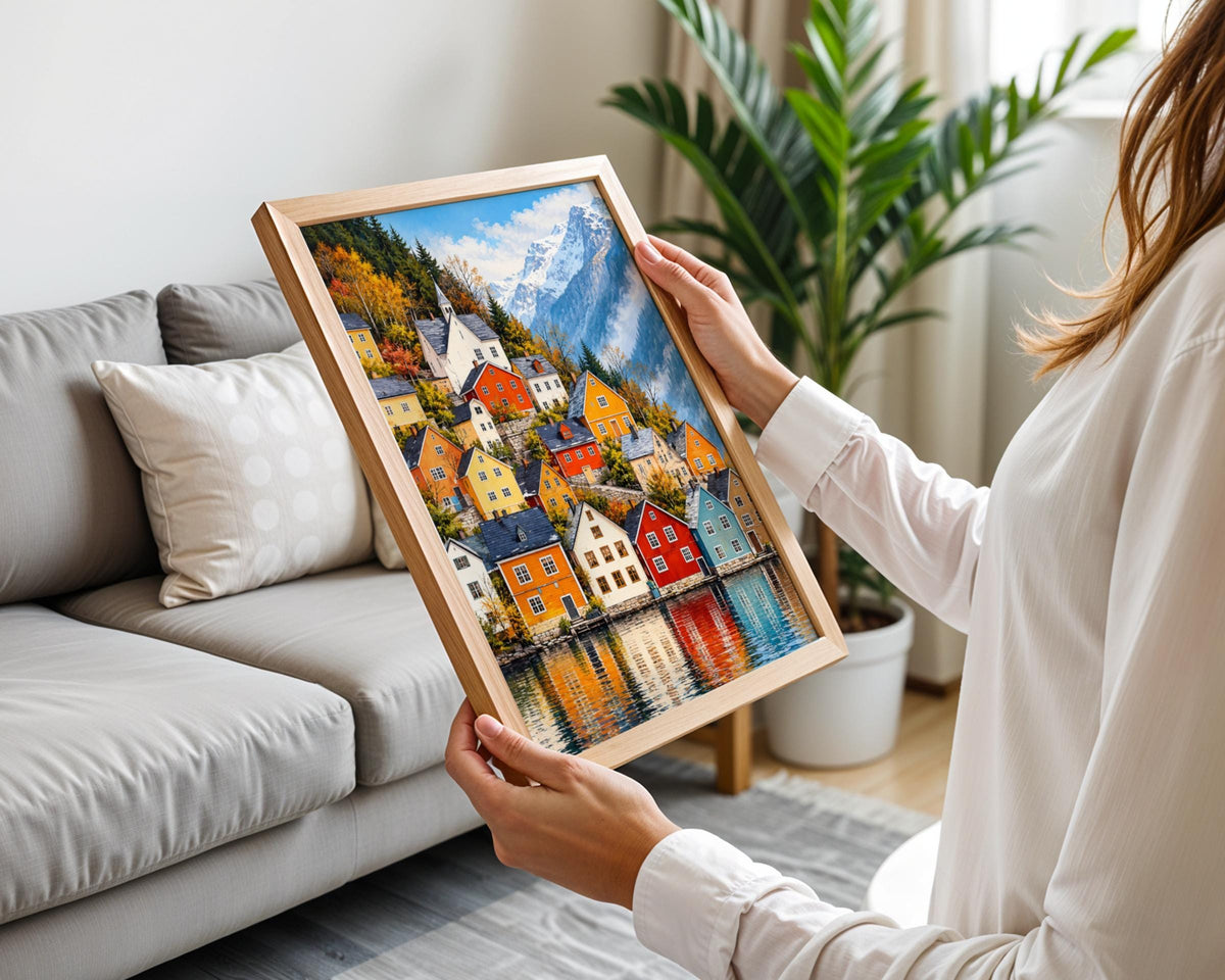 Nordic Lakeside Village Poster, Colourful Scandinavian Houses Wall Art Print