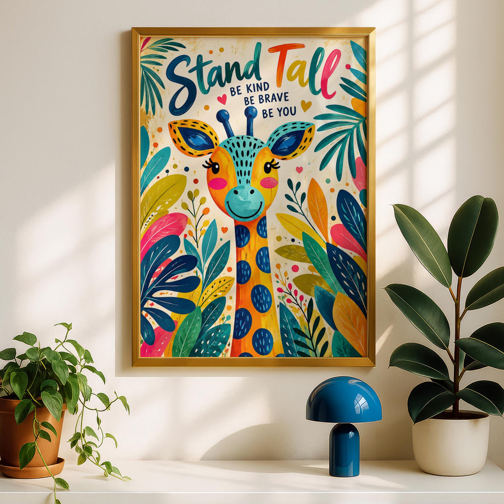 Stand Tall Giraffe Poster, Be Kind Be Brave Nursery Wall Art, Colourful Kids Print