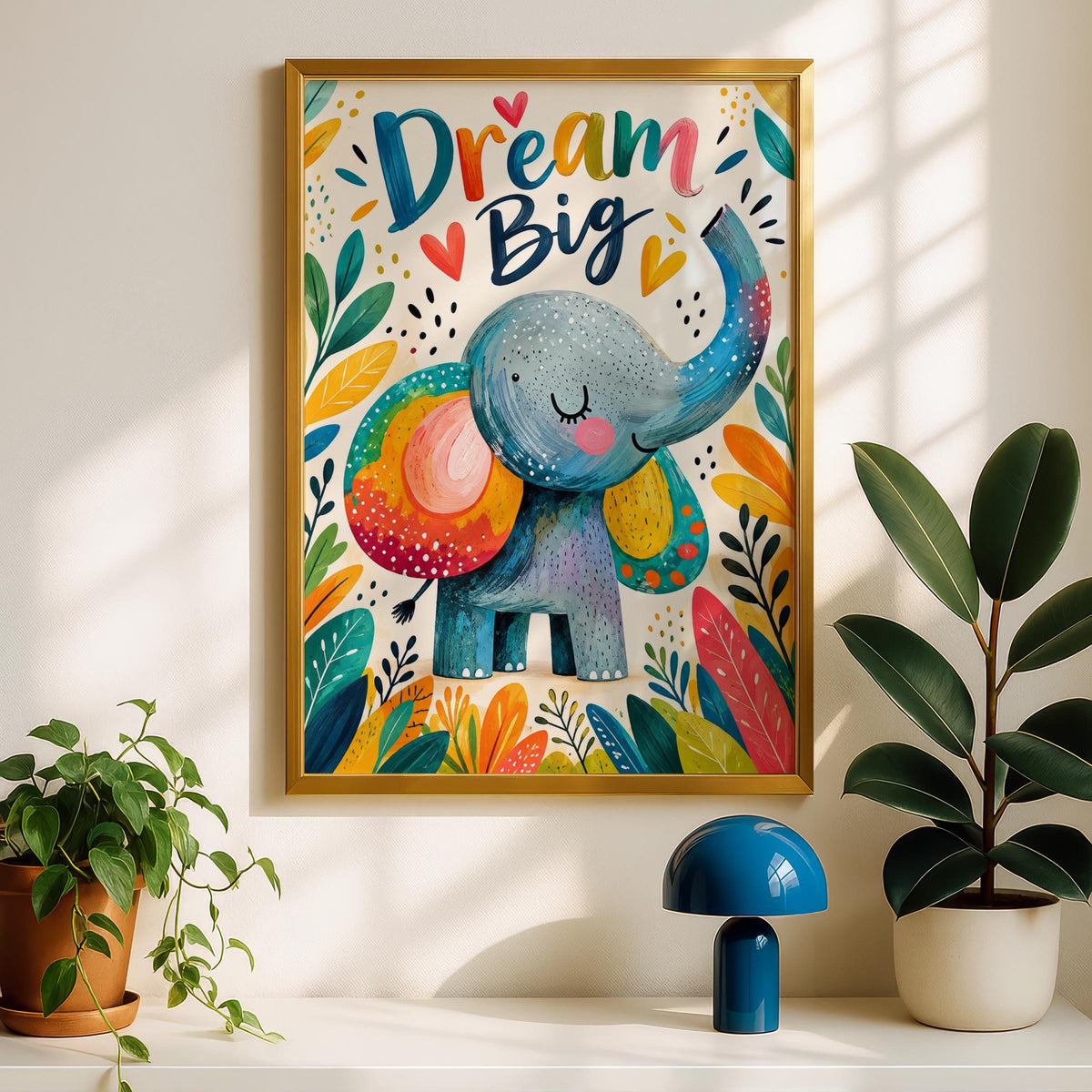 Dream Big Elephant Poster, Colourful Kids Wall Art, Nursery Print, Cute Animal Childrens Room Decor