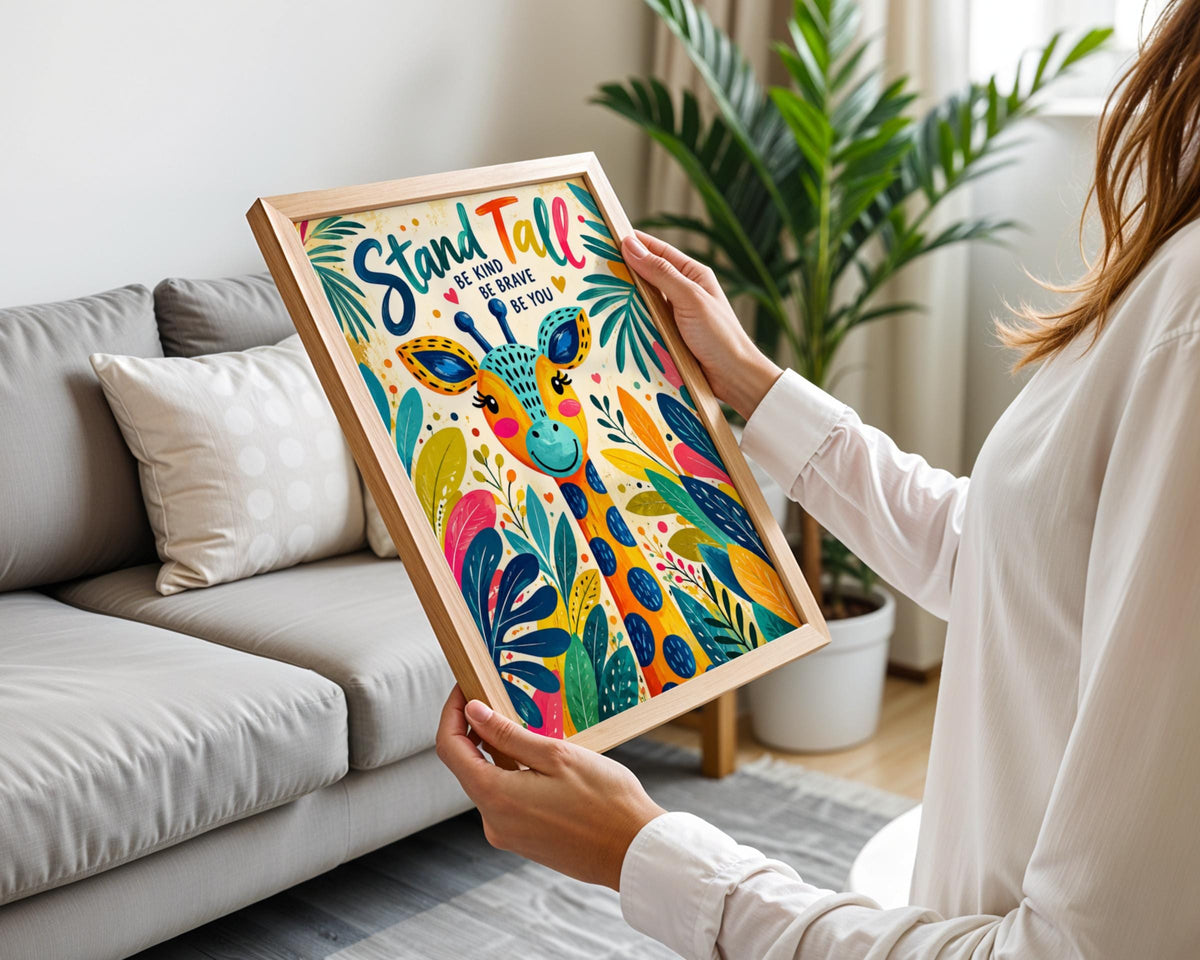 Stand Tall Giraffe Poster, Be Kind Be Brave Nursery Wall Art, Colourful Kids Print