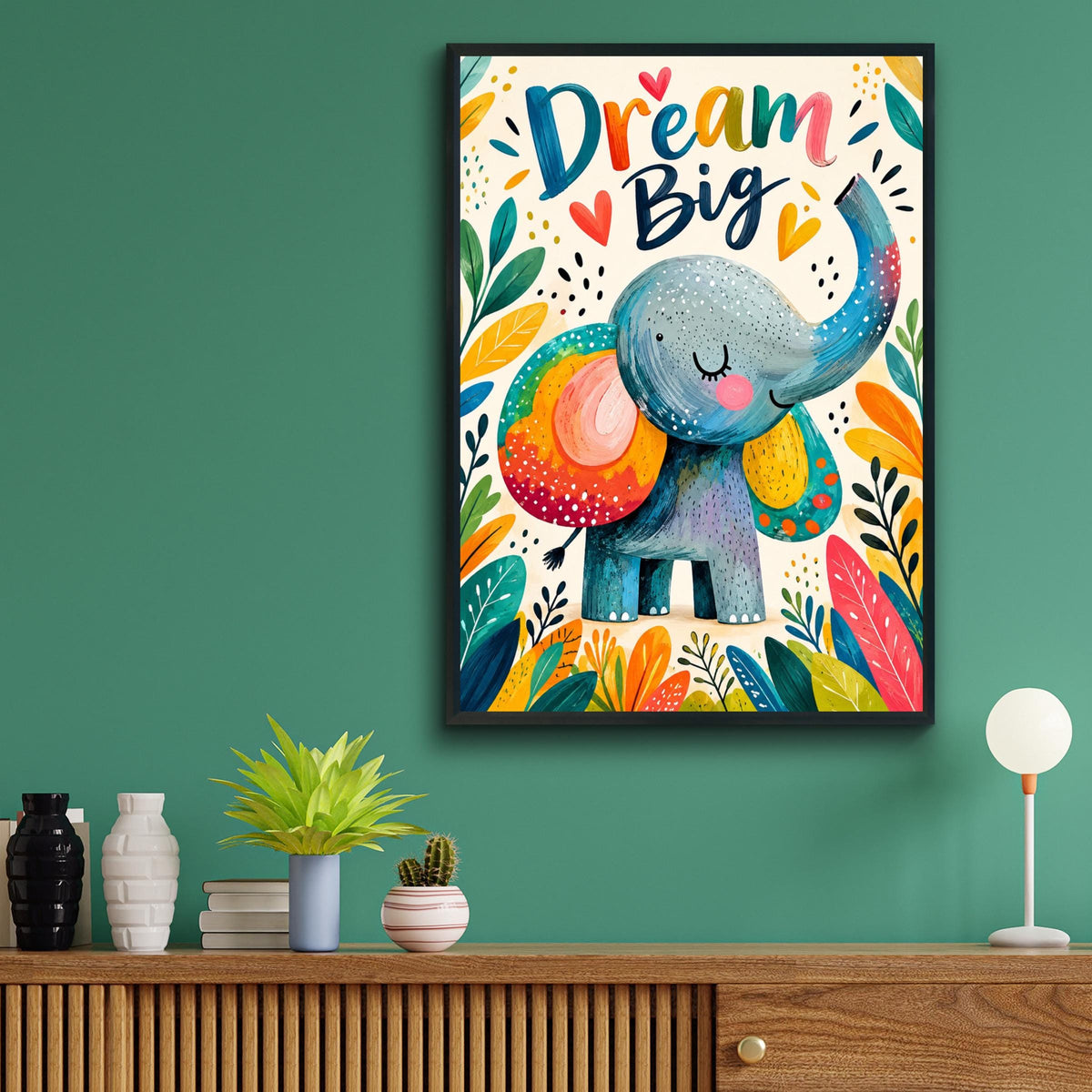 Dream Big Elephant Poster, Colourful Kids Wall Art, Nursery Print, Cute Animal Childrens Room Decor
