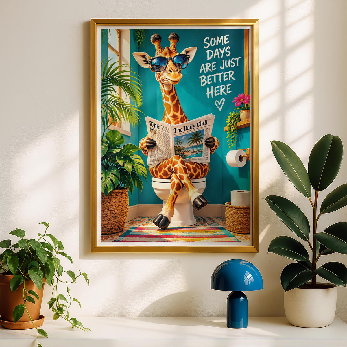 Funny Giraffe Bathroom Poster, Toilet Humour Wall Art, Quirky Animal Print, Teal Loo Decor