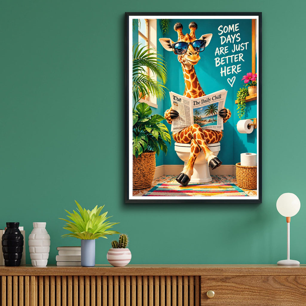 Funny Giraffe Bathroom Poster, Toilet Humour Wall Art, Quirky Animal Print, Teal Loo Decor