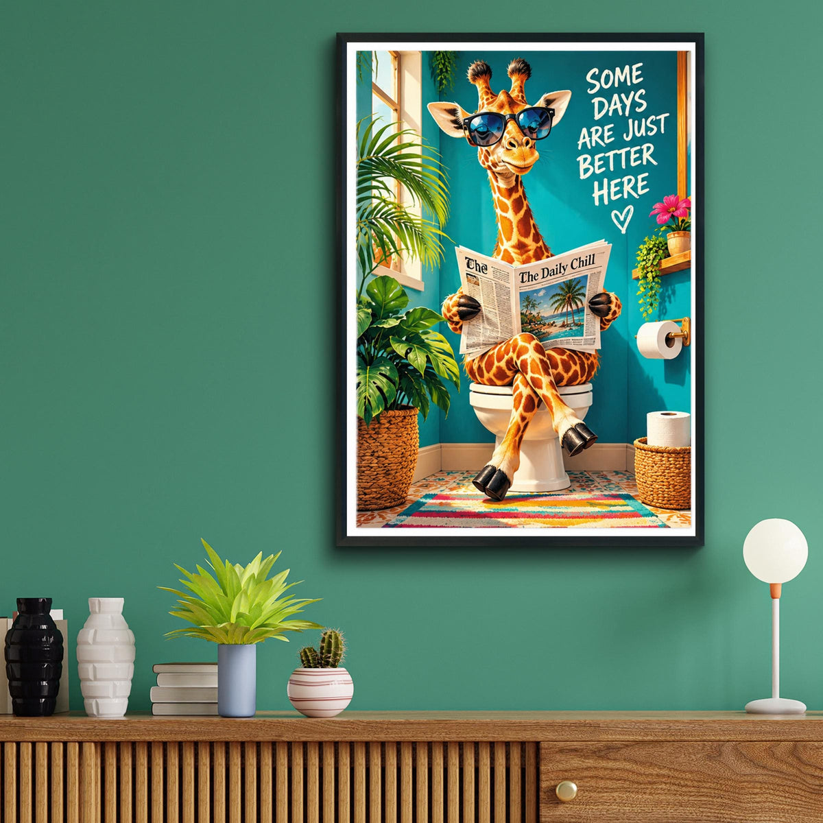 Funny Giraffe Bathroom Poster, Toilet Humour Wall Art, Quirky Animal Print, Teal Loo Decor