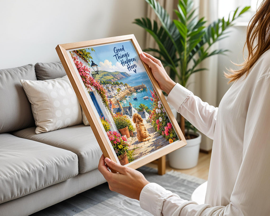 Good Things Happen Here Poster, Coastal Village Dog Print, Cornish Harbour Wall Art, Floral Seaside