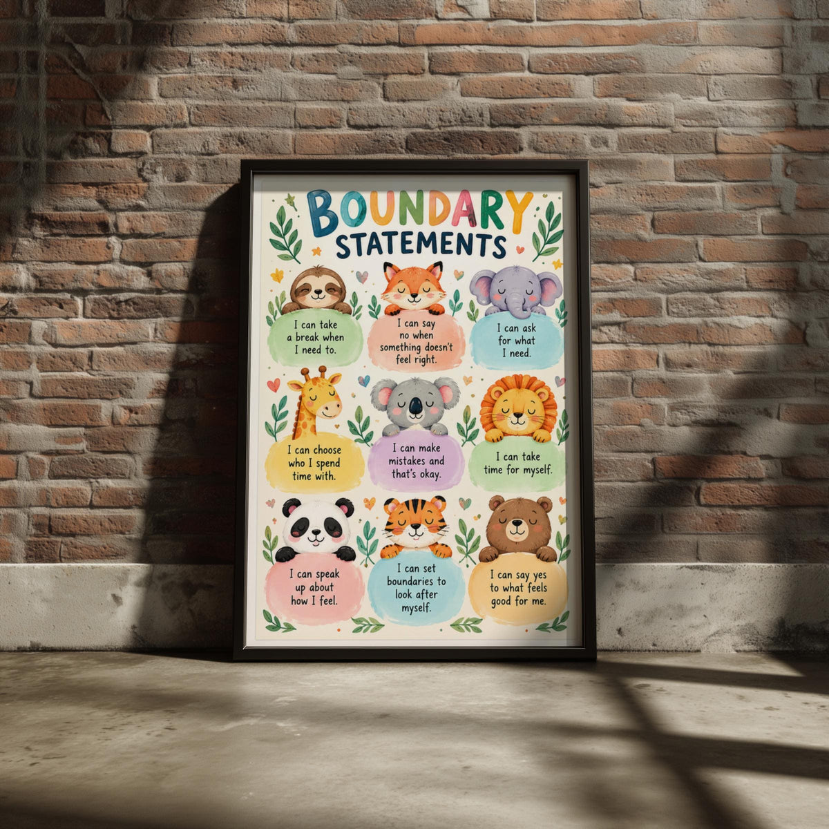 Boundary Statements Animal Poster, Kids Emotional Learning Wall Art Print, Classroom Decor
