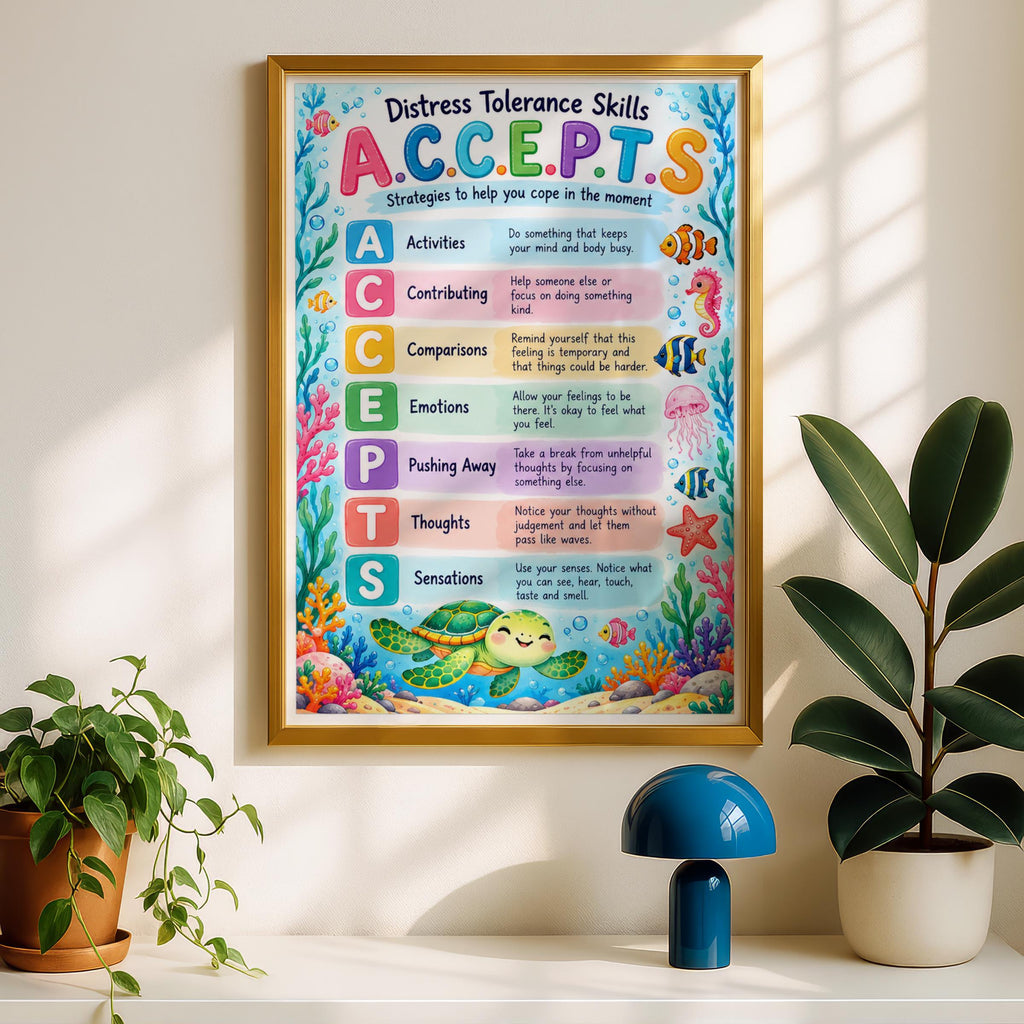 DBT ACCEPTS Distress Tolerance Skills Poster, Ocean Therapy Wall Art, Mental Health Print