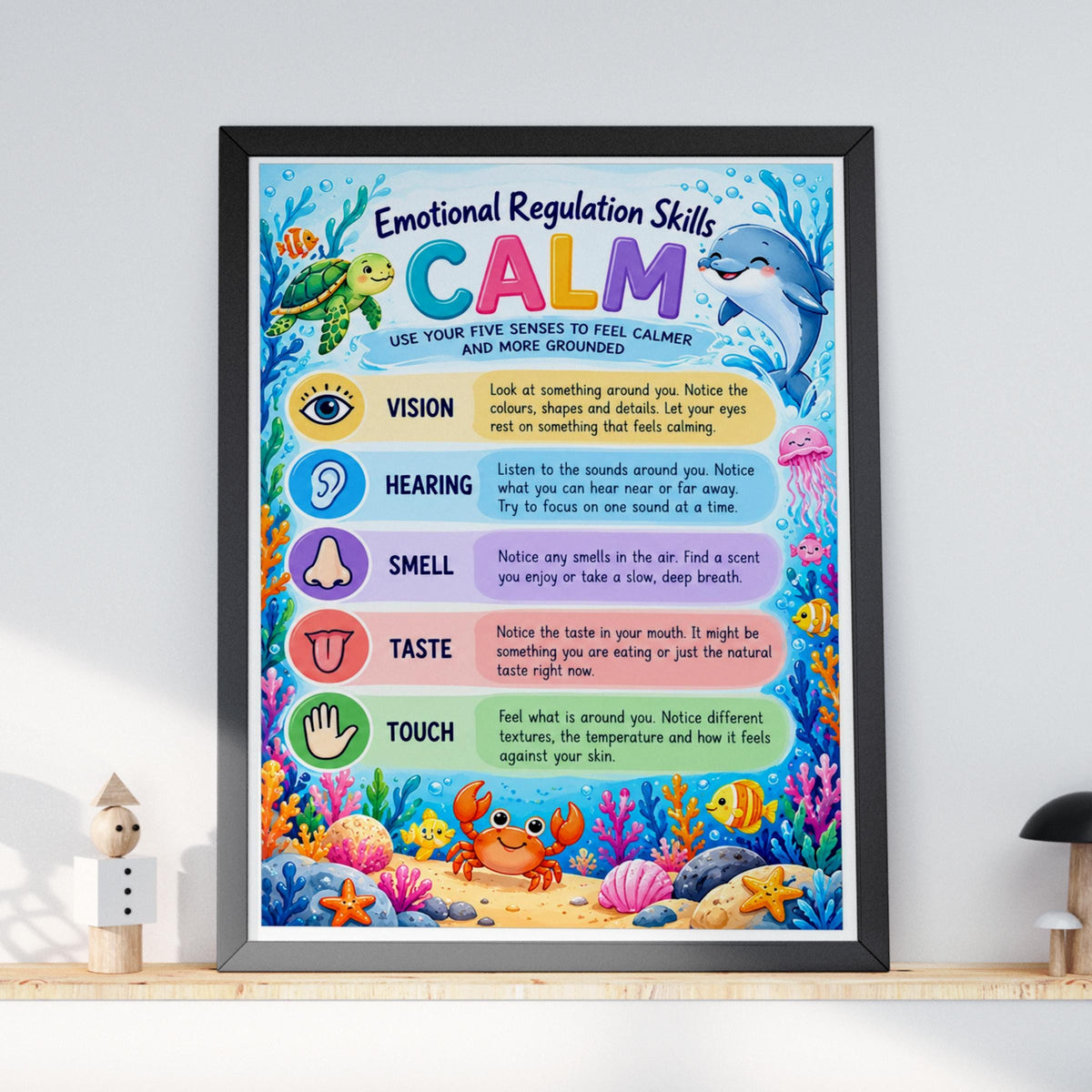 Emotional Regulation CALM Poster, Five Senses Kids Mindfulness Wall Art Print