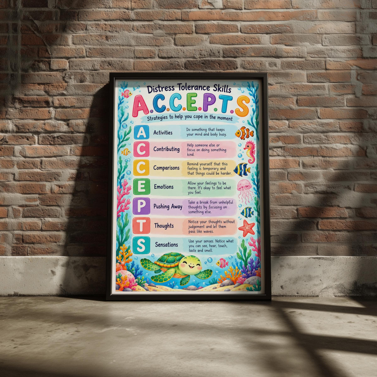 DBT ACCEPTS Distress Tolerance Skills Poster, Ocean Therapy Wall Art, Mental Health Print