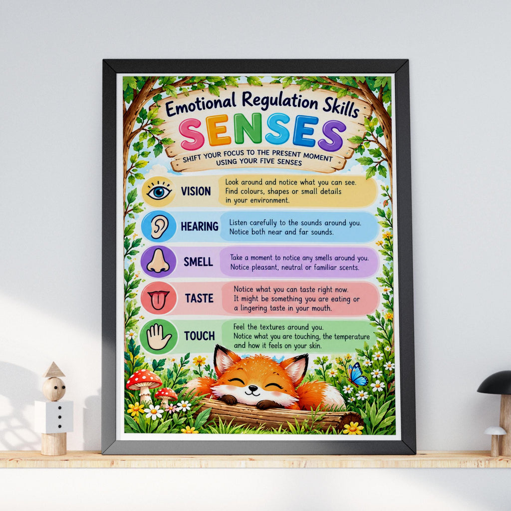 Emotional Regulation Senses Poster, Five Senses Kids Wall Art, Woodland Mindfulness Print