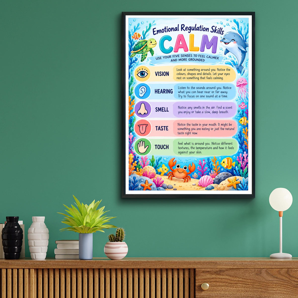 Emotional Regulation CALM Poster, Five Senses Kids Mindfulness Wall Art Print