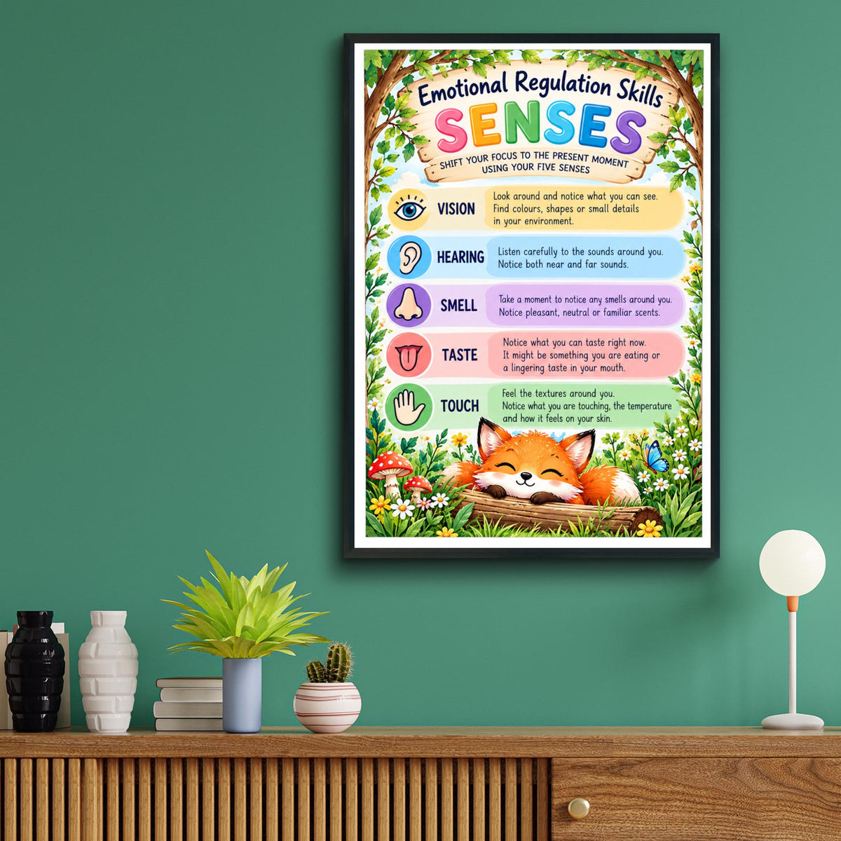 Emotional Regulation Senses Poster, Five Senses Kids Wall Art, Woodland Mindfulness Print