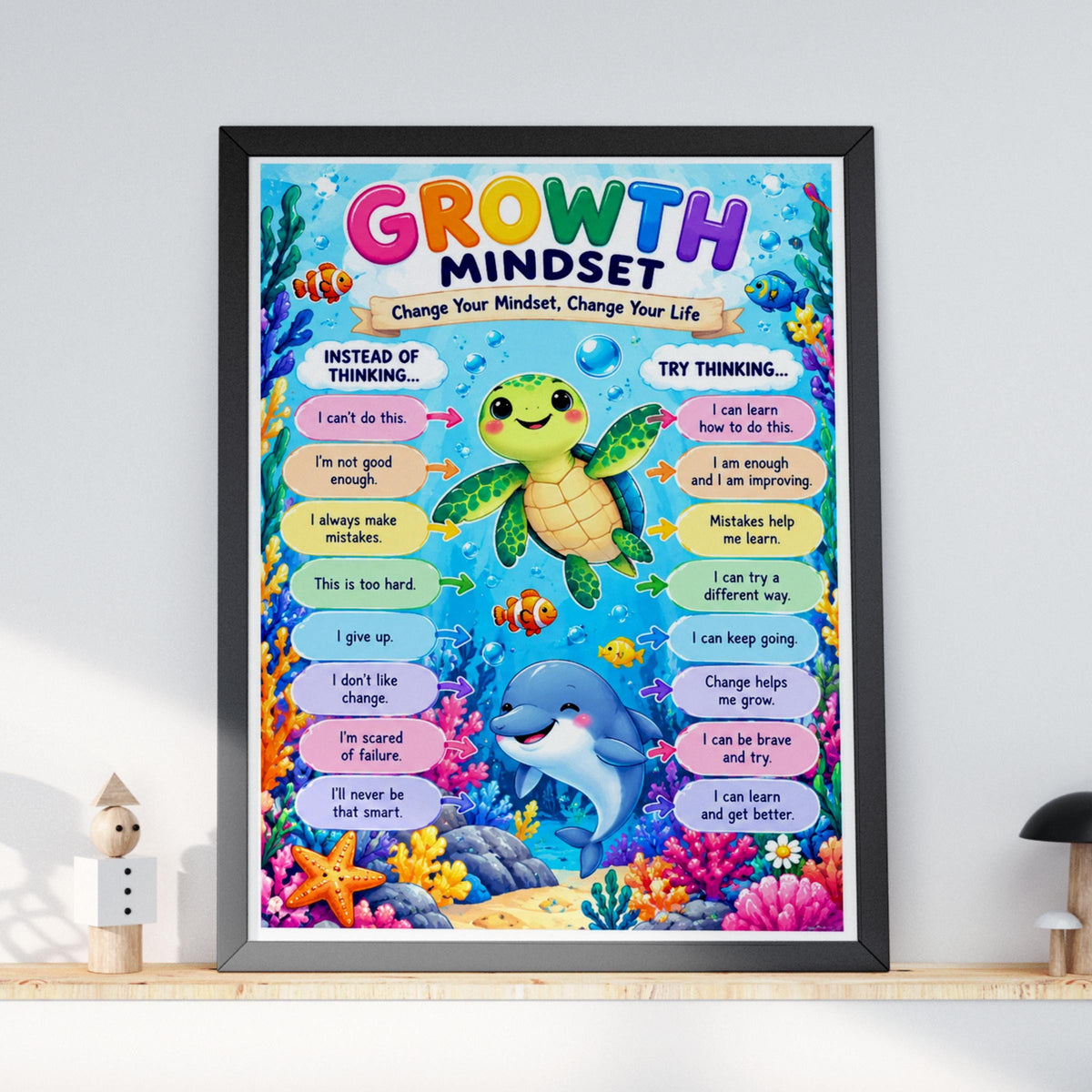 Growth Mindset Ocean Animals Poster, Kids Classroom Wall Art, Colourful Children Print