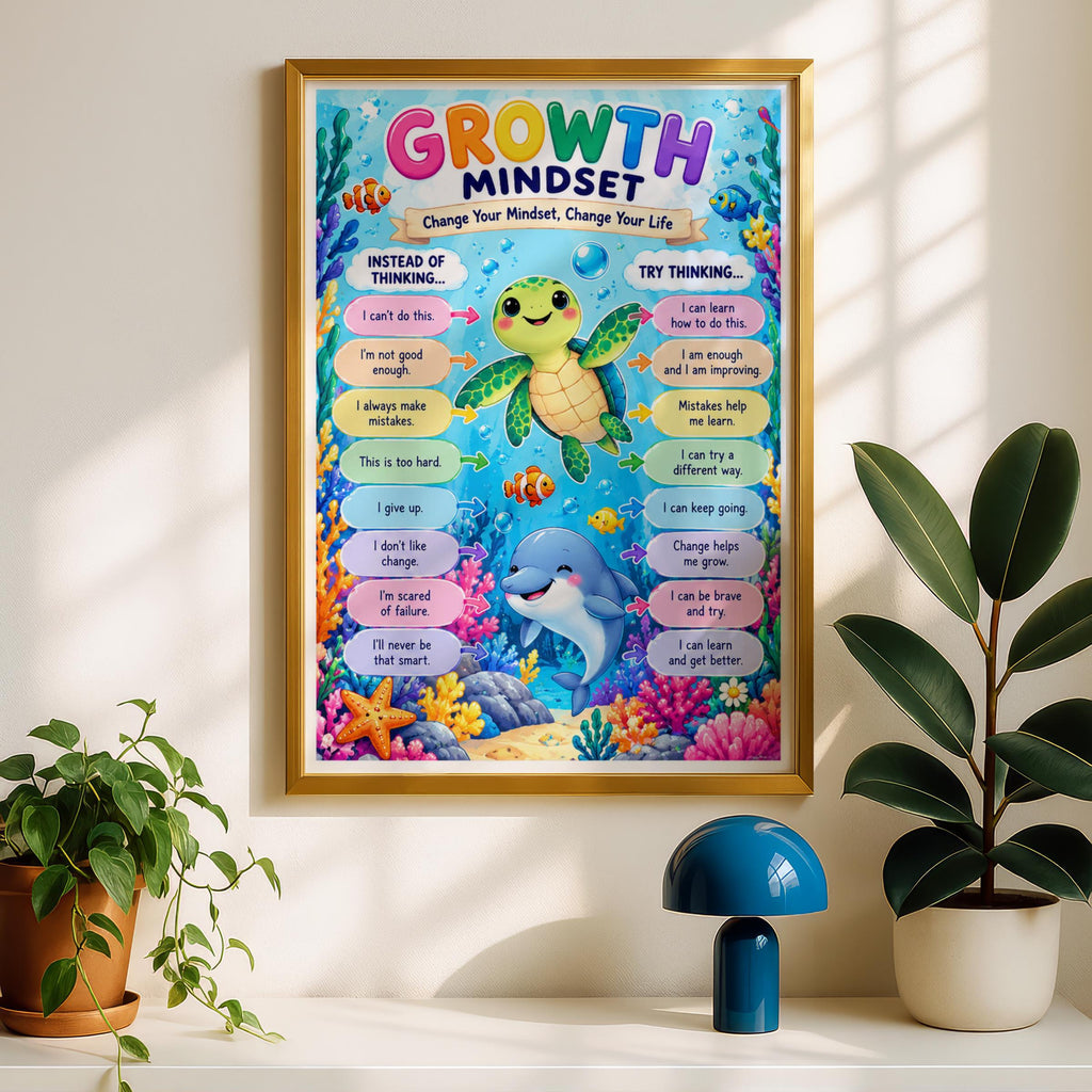 Growth Mindset Ocean Animals Poster, Kids Classroom Wall Art, Colourful Children Print