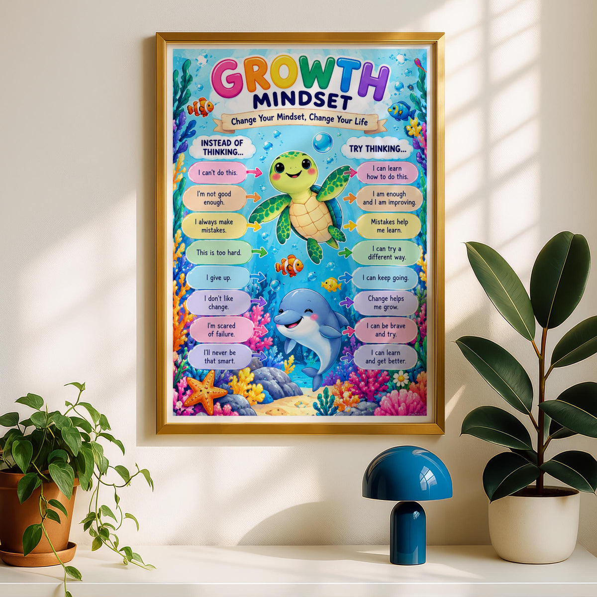 Growth Mindset Ocean Animals Poster, Kids Classroom Wall Art, Colourful Children Print
