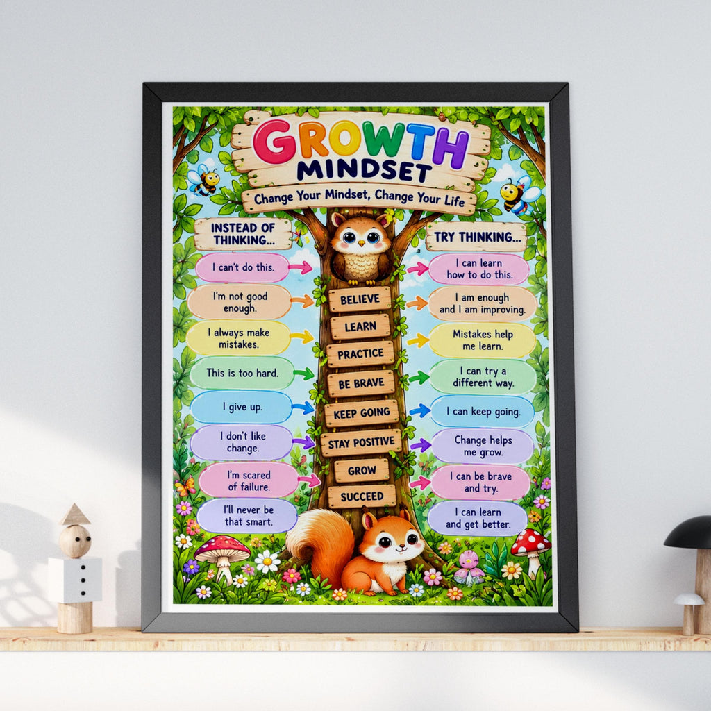 Growth Mindset Poster, Woodland Animals Kids Wall Art, Classroom Motivational Print