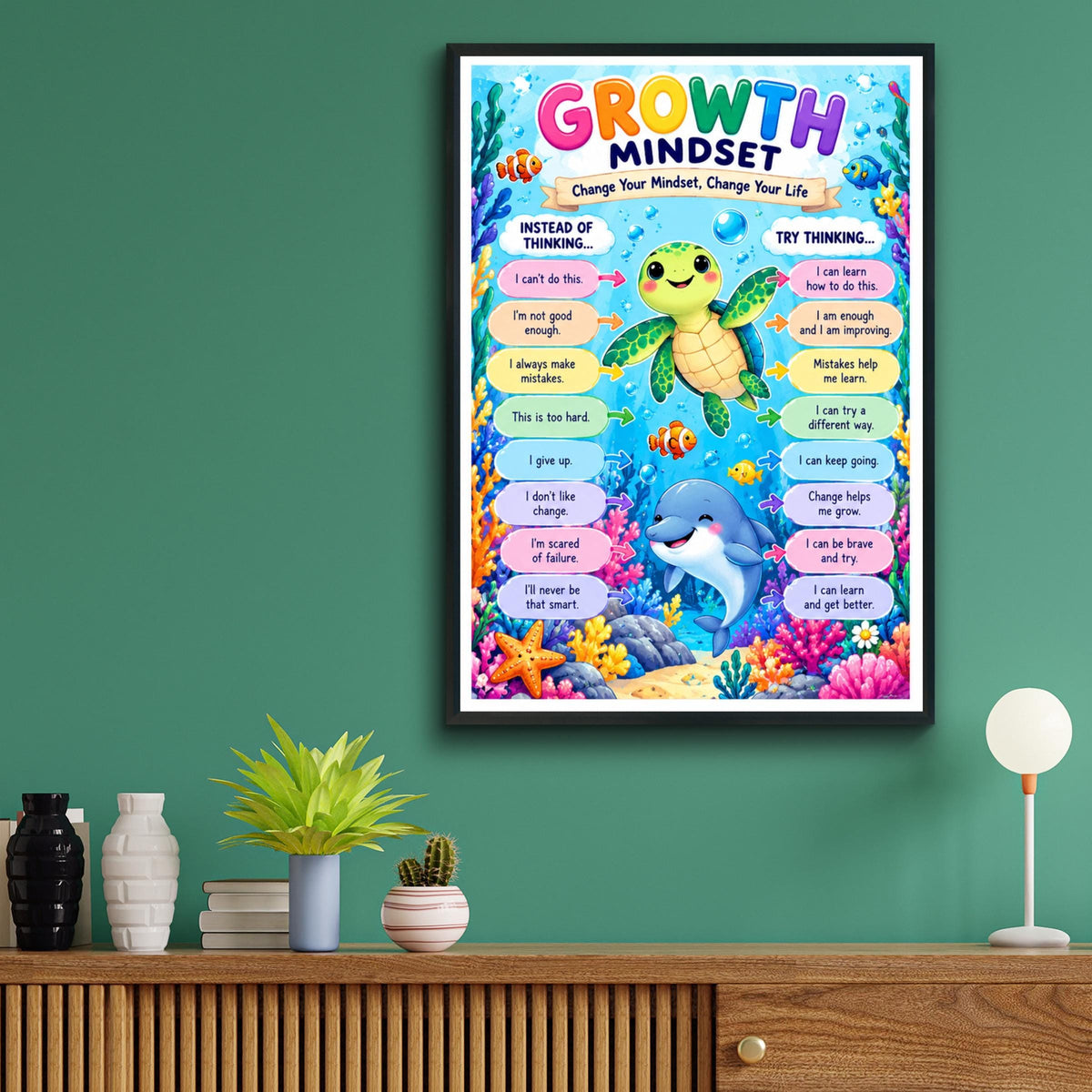 Growth Mindset Ocean Animals Poster, Kids Classroom Wall Art, Colourful Children Print