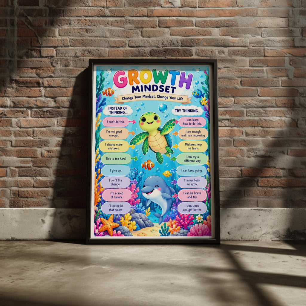 Growth Mindset Ocean Animals Poster, Kids Classroom Wall Art, Colourful Children Print