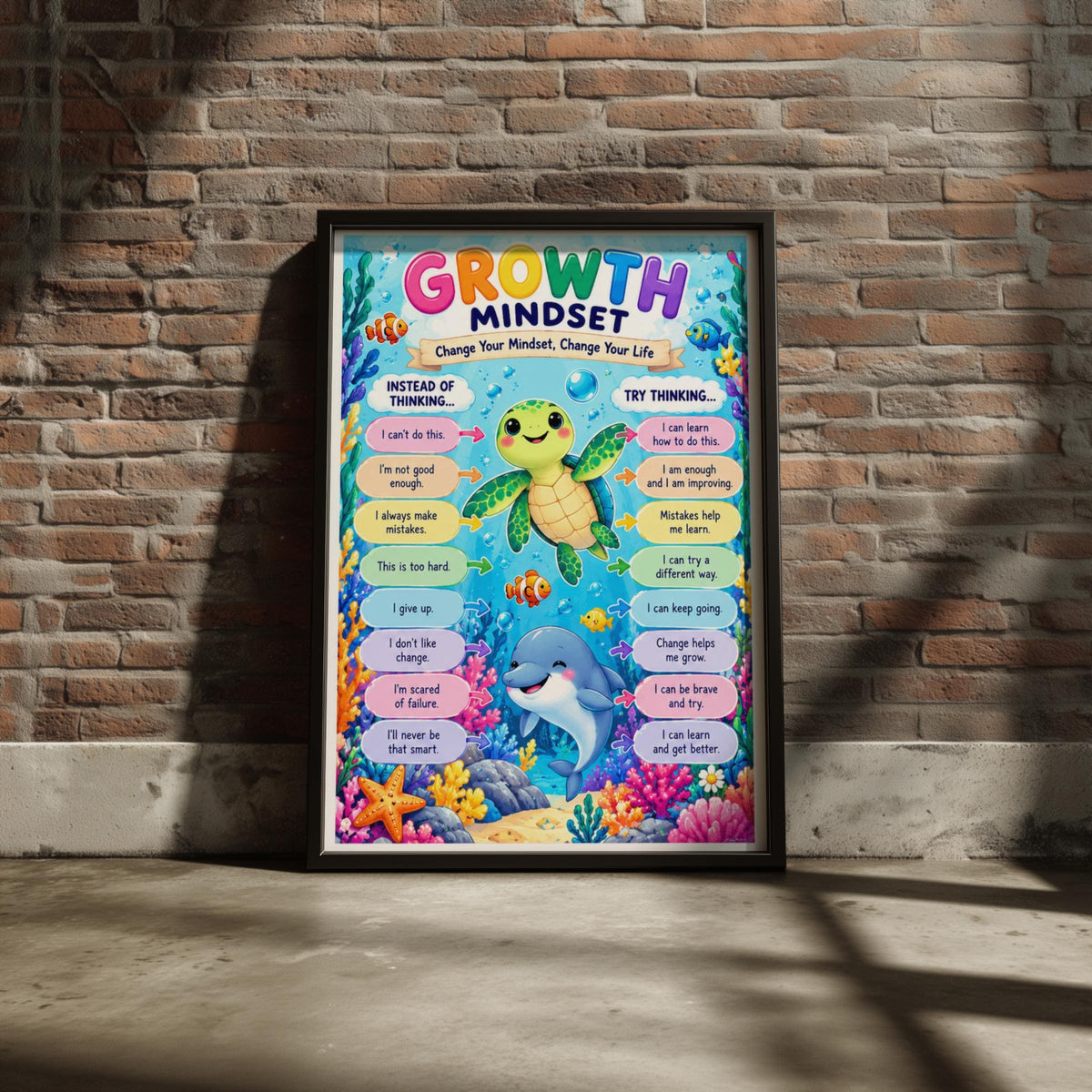 Growth Mindset Ocean Animals Poster, Kids Classroom Wall Art, Colourful Children Print