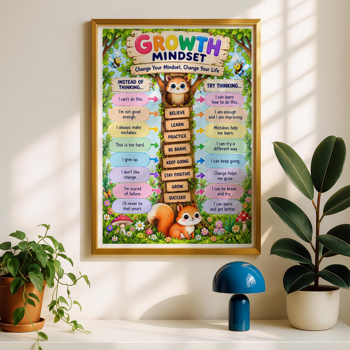 Growth Mindset Poster, Woodland Animals Kids Wall Art, Classroom Motivational Print