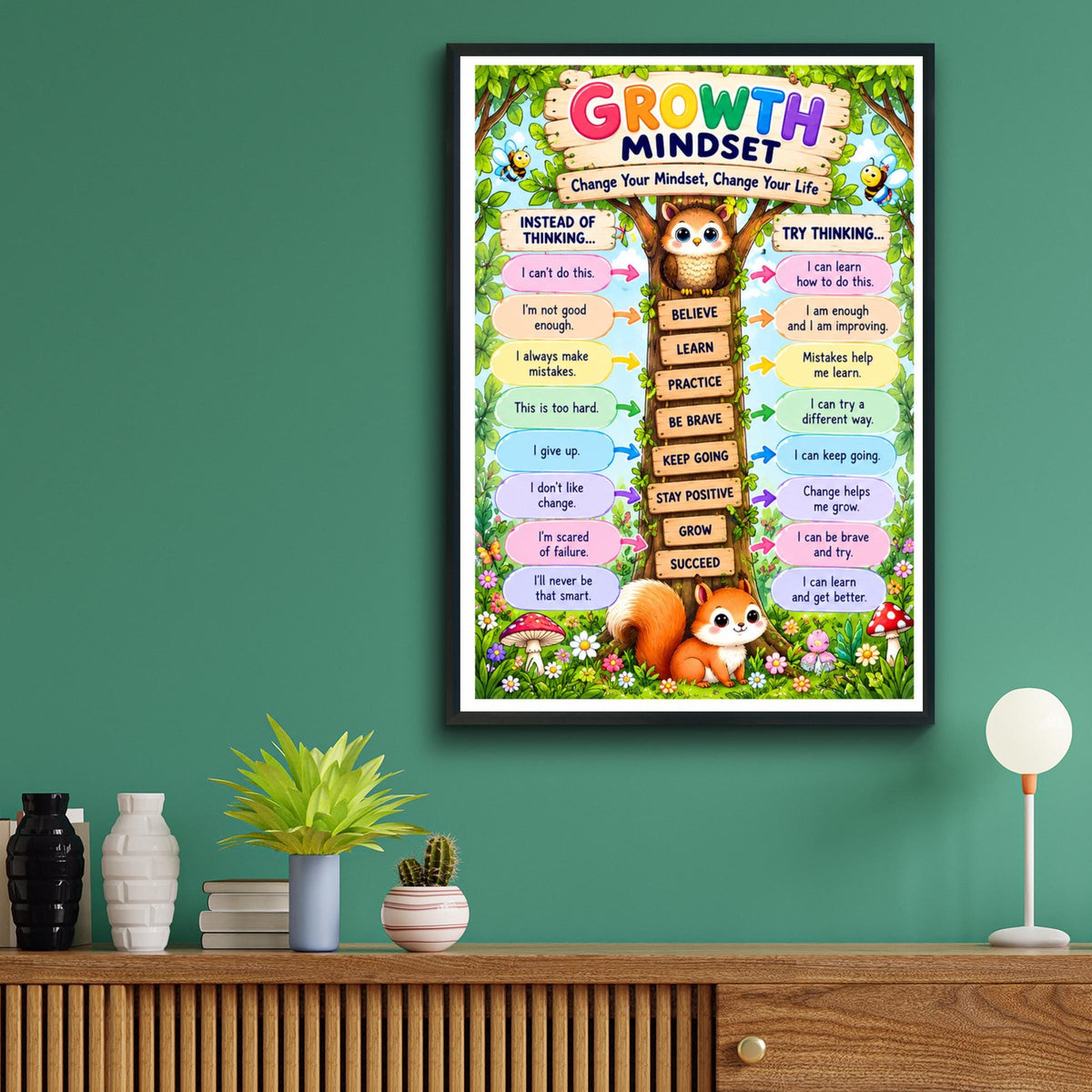 Growth Mindset Poster, Woodland Animals Kids Wall Art, Classroom Motivational Print