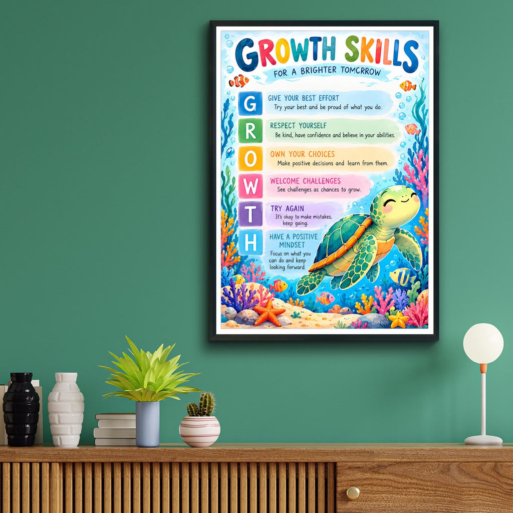 Growth Mindset Turtle Poster, Kids Classroom Wall Art, Colourful Ocean Print for Children
