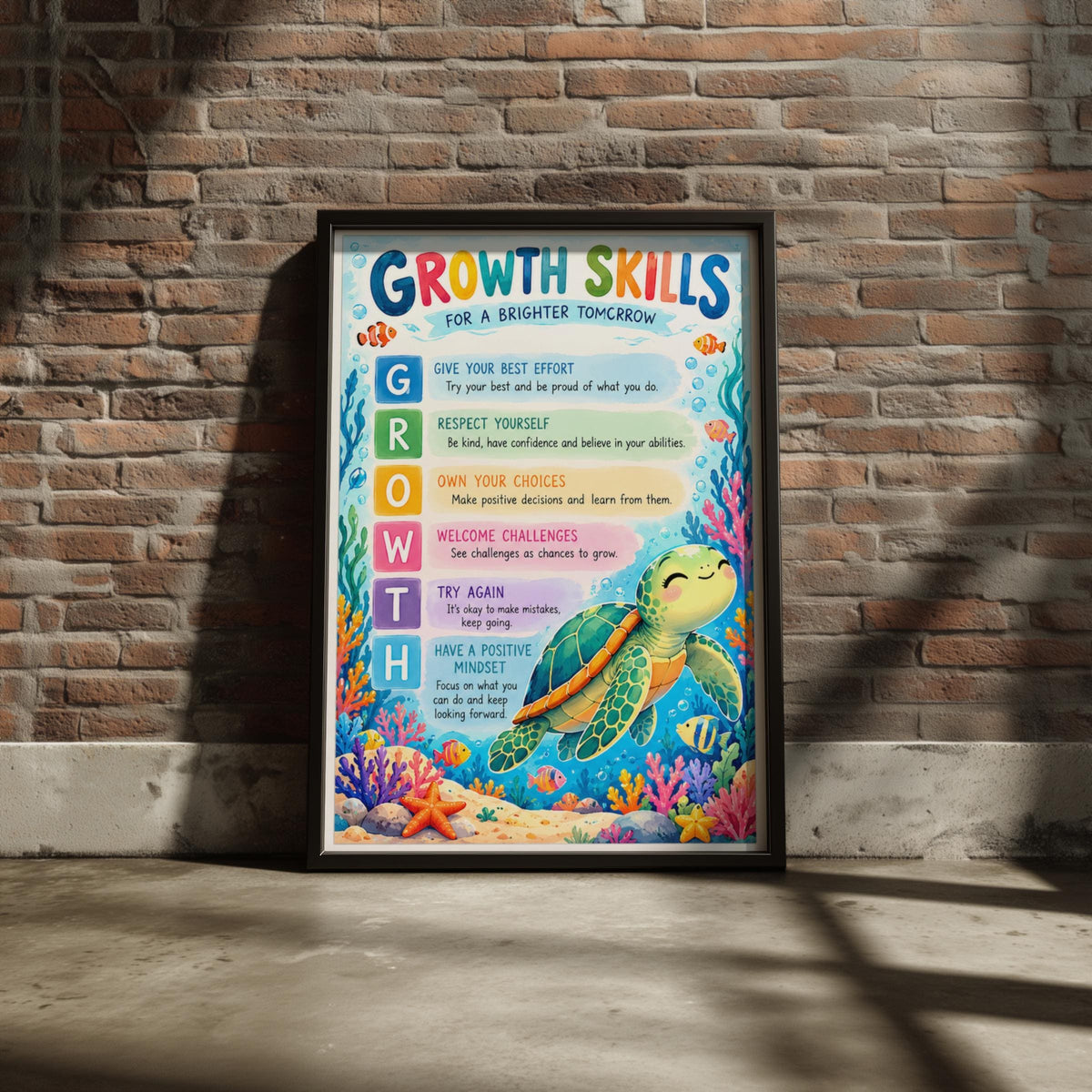 Growth Mindset Turtle Poster, Kids Classroom Wall Art, Colourful Ocean Print for Children