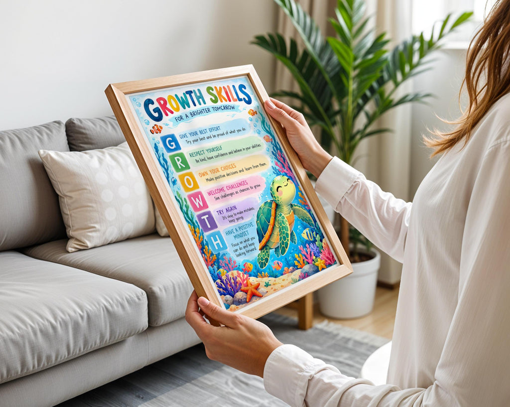 Growth Mindset Turtle Poster, Kids Classroom Wall Art, Colourful Ocean Print for Children