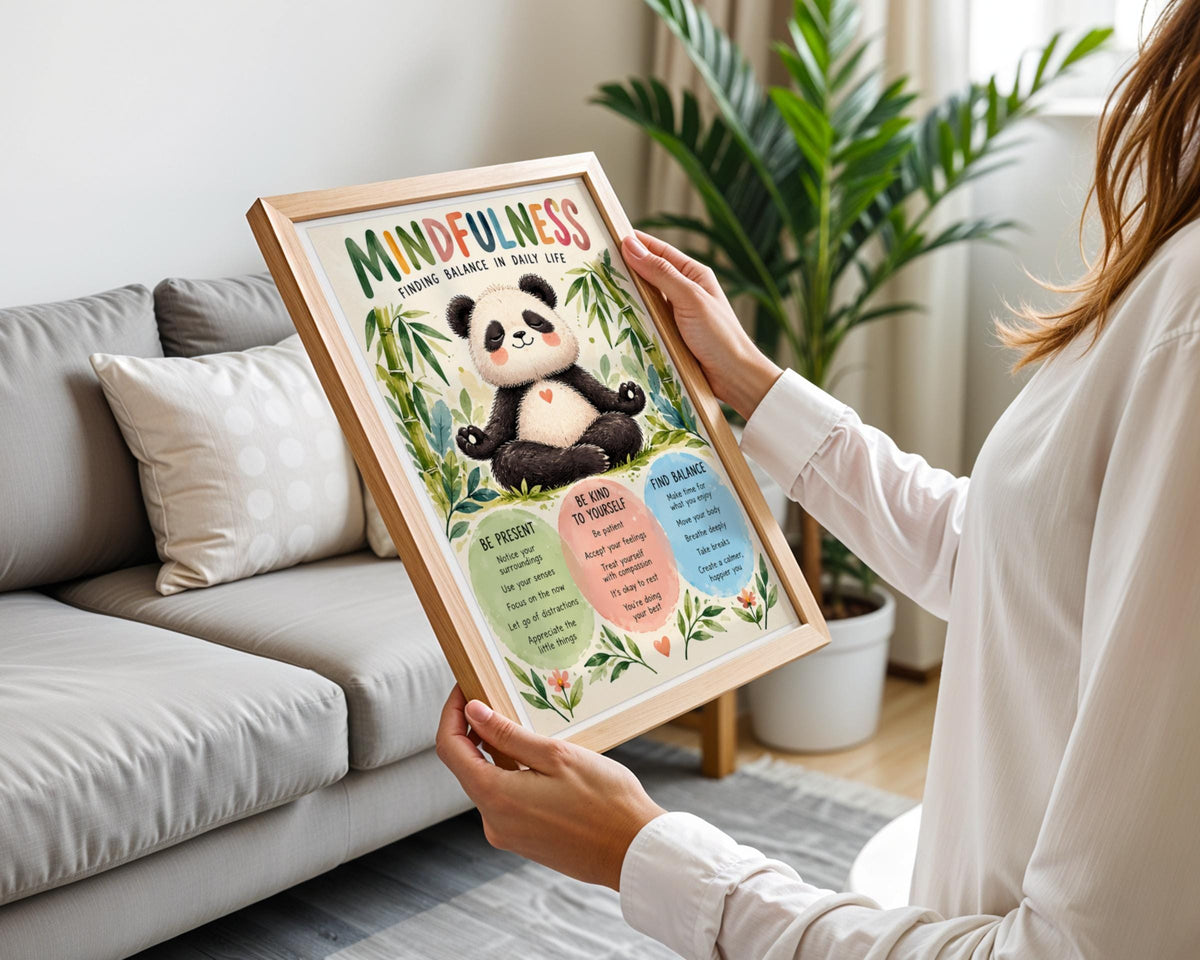 Mindfulness Panda Poster, Cute Meditation Wall Art, Kids Calm Corner Print, Wellbeing