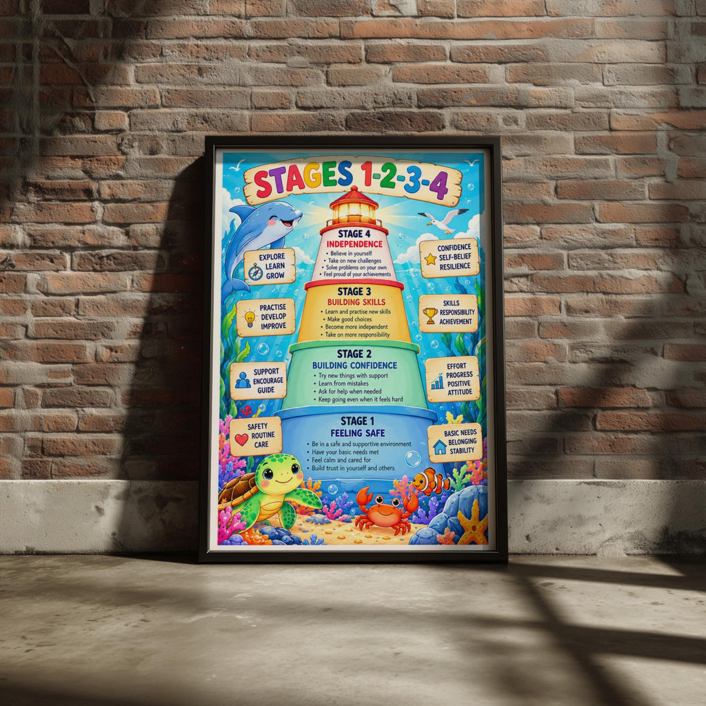 Stages 1-2-3-4 Ocean Classroom Poster, Child Development Growth Mindset Wall Art Print