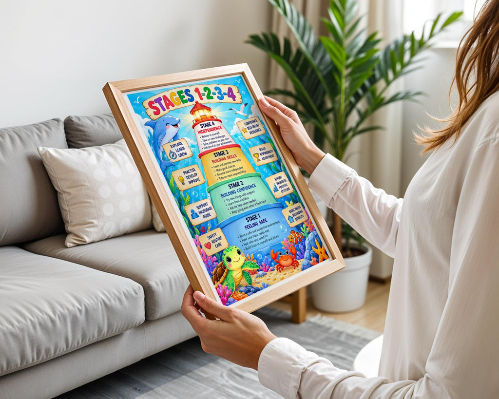 Stages 1-2-3-4 Ocean Classroom Poster, Child Development Growth Mindset Wall Art Print