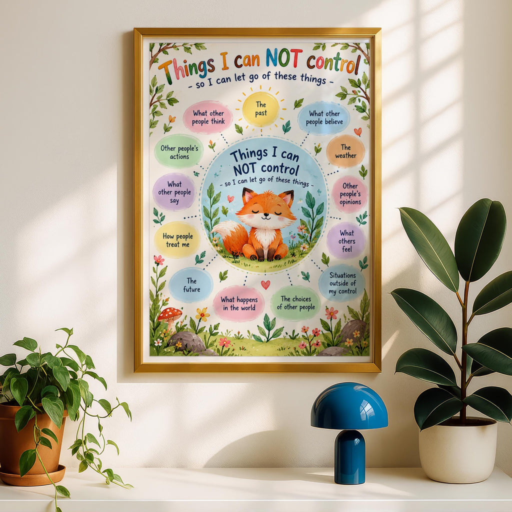 Things I Cannot Control Fox Poster, Let Go Mindfulness Wall Art, Kids Classroom Print