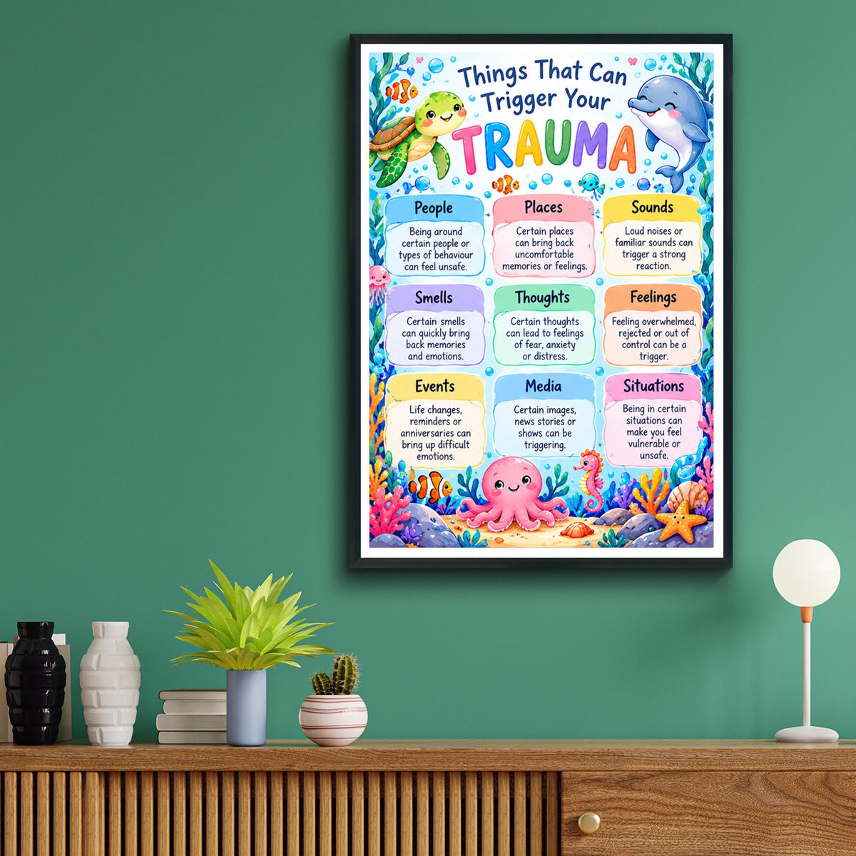 Trauma Triggers Awareness Poster, Ocean Animals Mental Health Wall Art Print