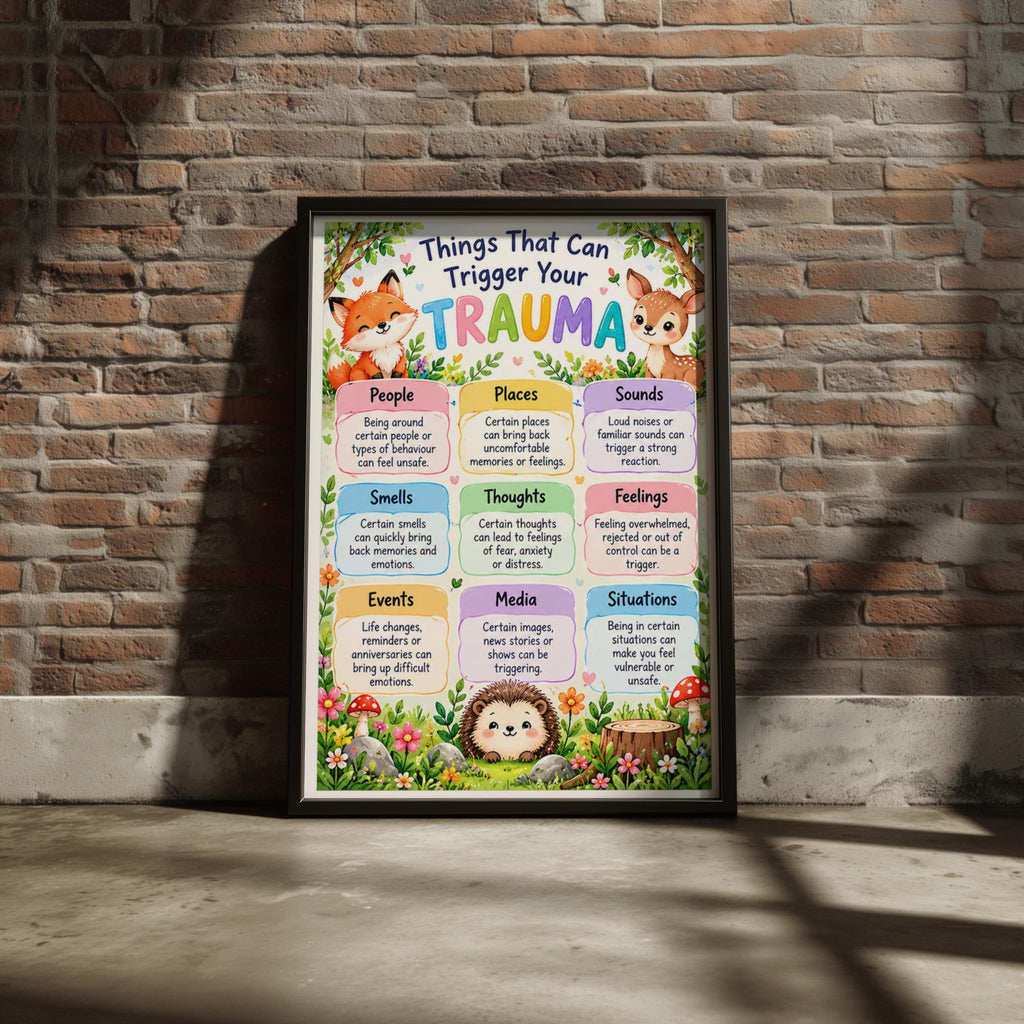 Trauma Triggers Poster, Mental Health Wall Art, Woodland Animals Therapy Print, Counselling