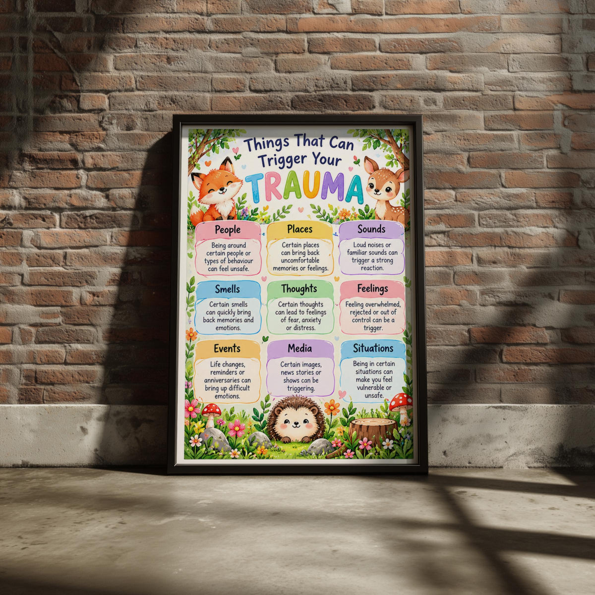 Trauma Triggers Poster, Mental Health Wall Art, Woodland Animals Therapy Print, Counselling