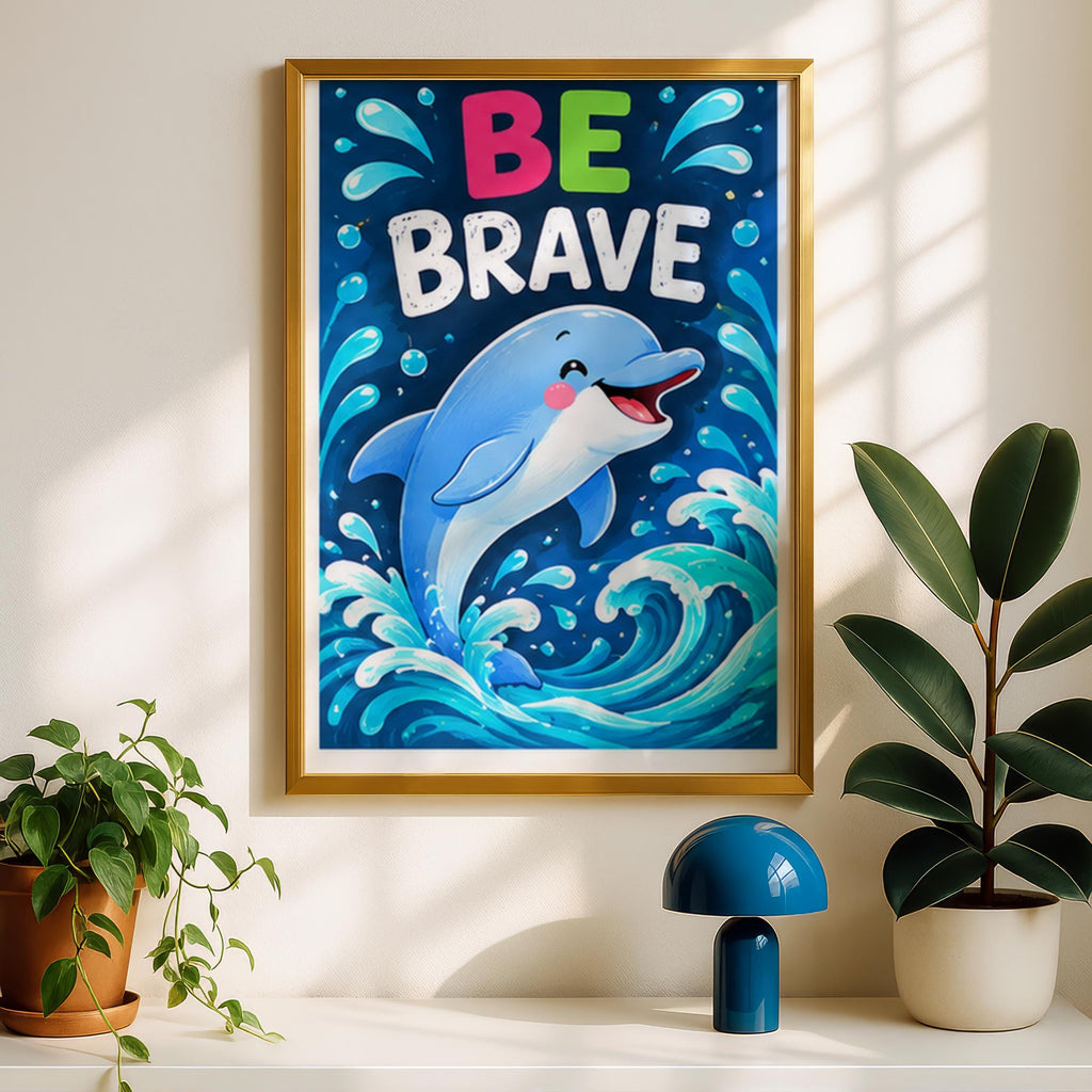 Be Brave Dolphin Poster, Cute Ocean Animal Wall Art, Kids Bedroom Nursery Print, Blue Sea Waves