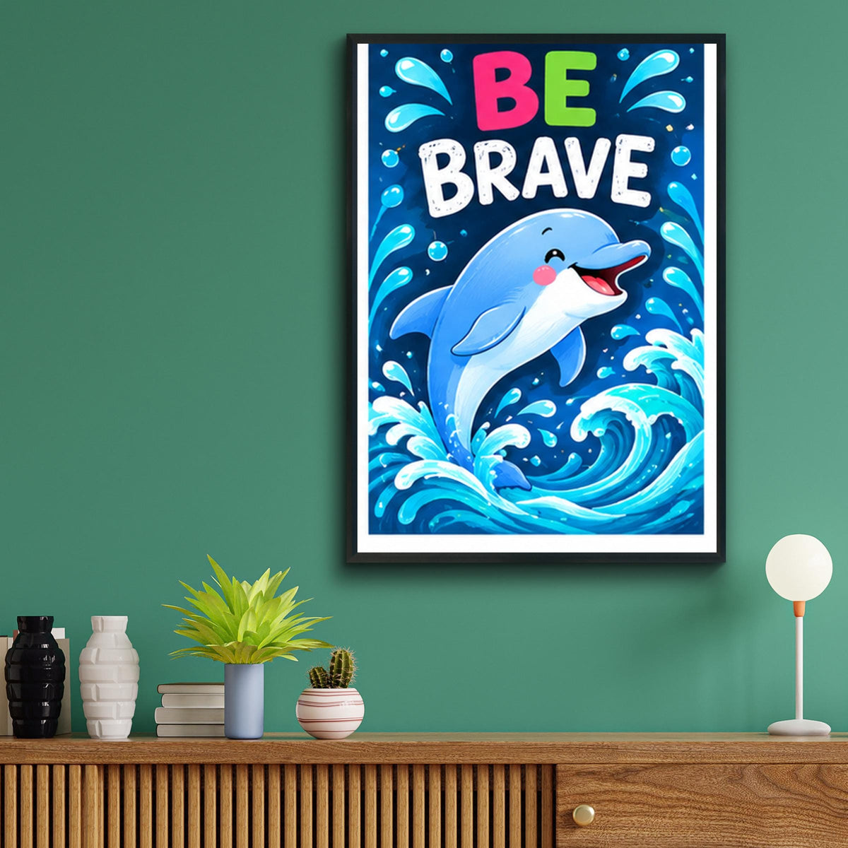 Be Brave Dolphin Poster, Cute Ocean Animal Wall Art, Kids Bedroom Nursery Print, Blue Sea Waves