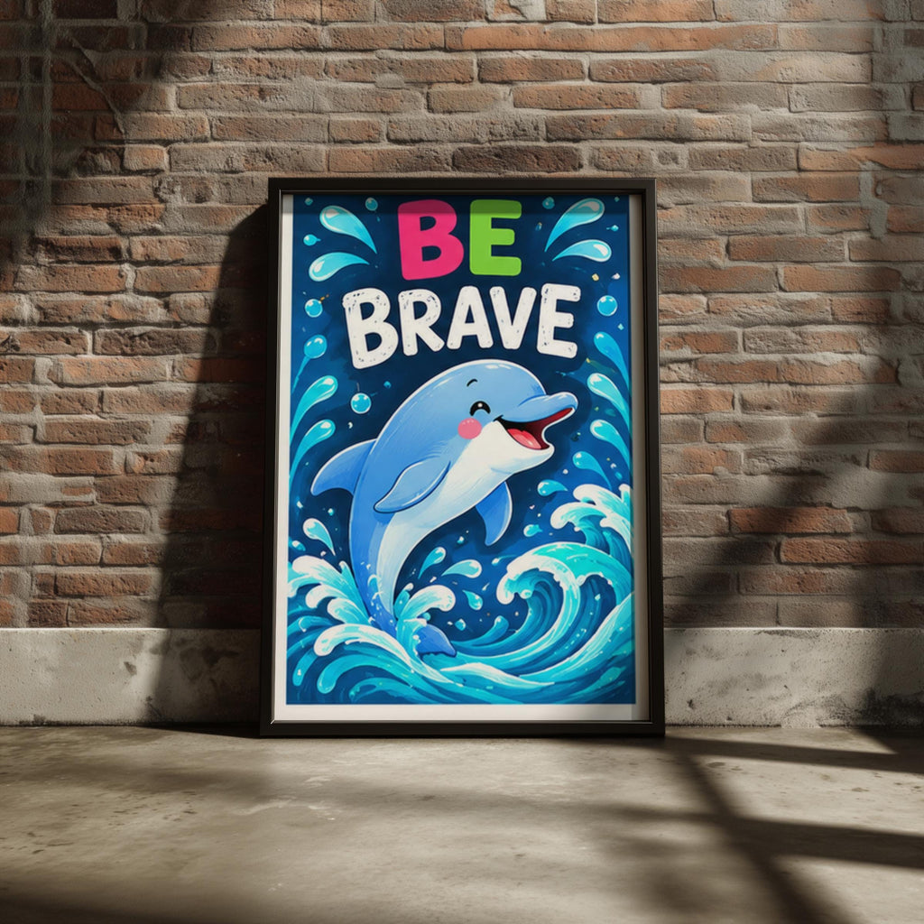 Be Brave Dolphin Poster, Cute Ocean Animal Wall Art, Kids Bedroom Nursery Print, Blue Sea Waves