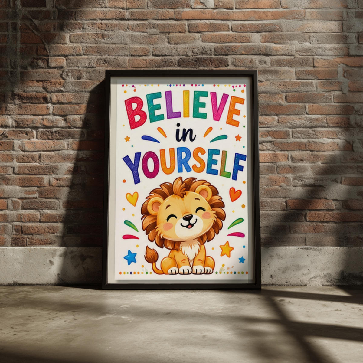 Believe In Yourself Lion Poster, Cute Nursery Wall Art, Kids Room Motivational Quote Print, Playroom