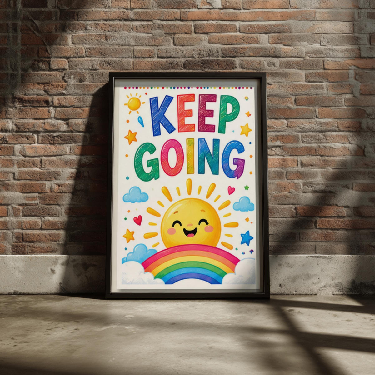 Keep Going Poster, Smiling Sun Rainbow Nursery Wall Art, Colourful Kids Room Positive Quote Print
