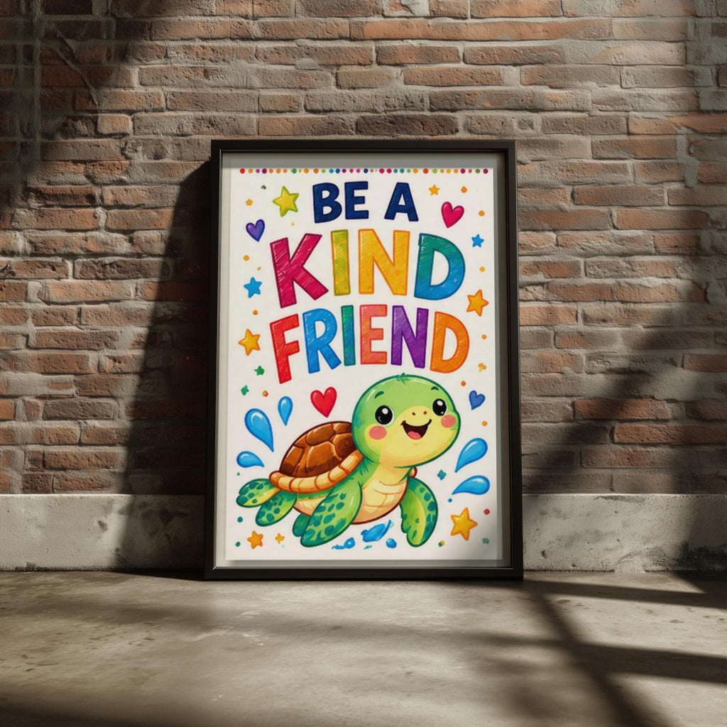 Be A Kind Friend Poster, Cute Turtle Nursery Wall Art, Colourful Kids Room Print, Playroom Decor