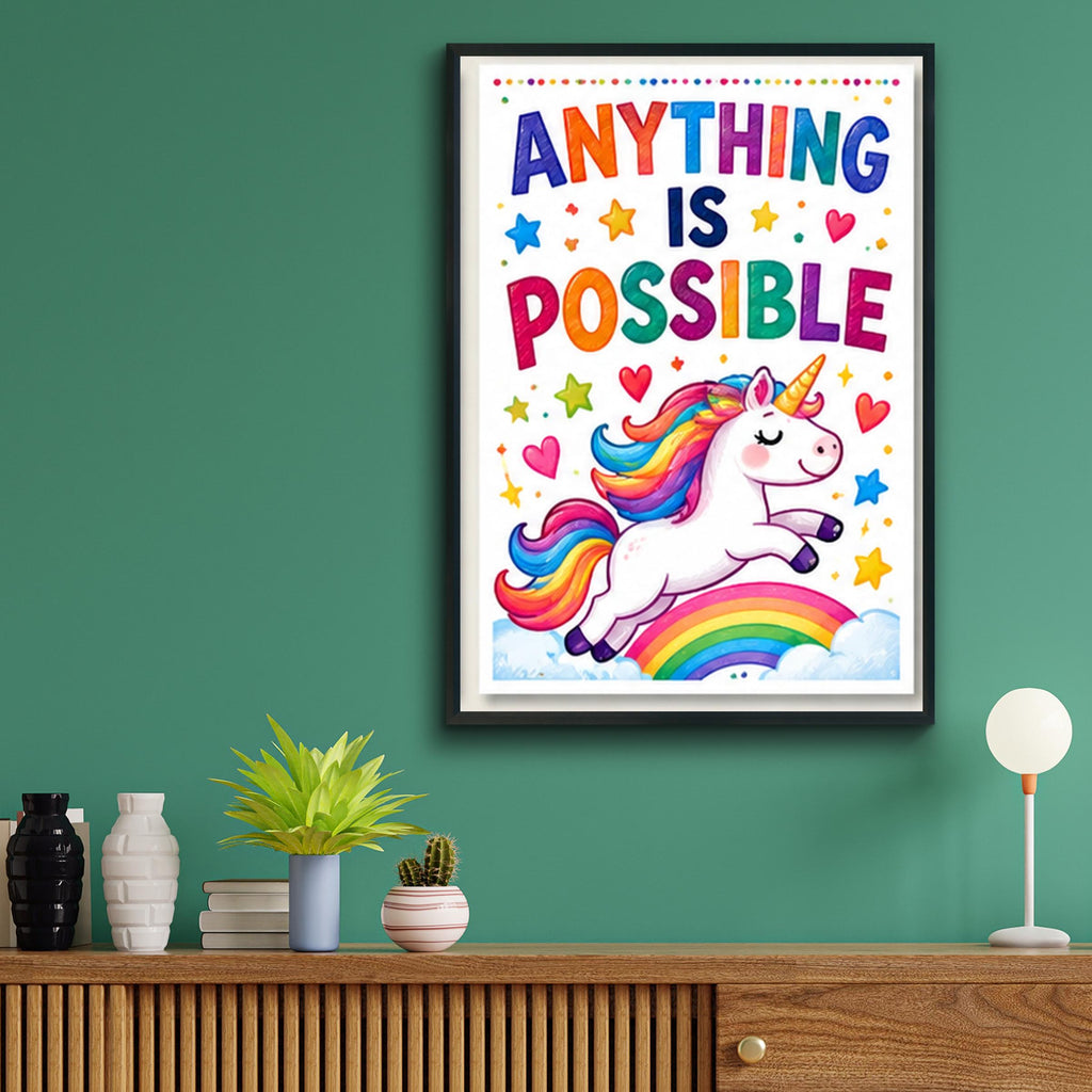 Anything Is Possible Unicorn Poster, Rainbow Nursery Wall Art, Kids Bedroom Print, Motivational