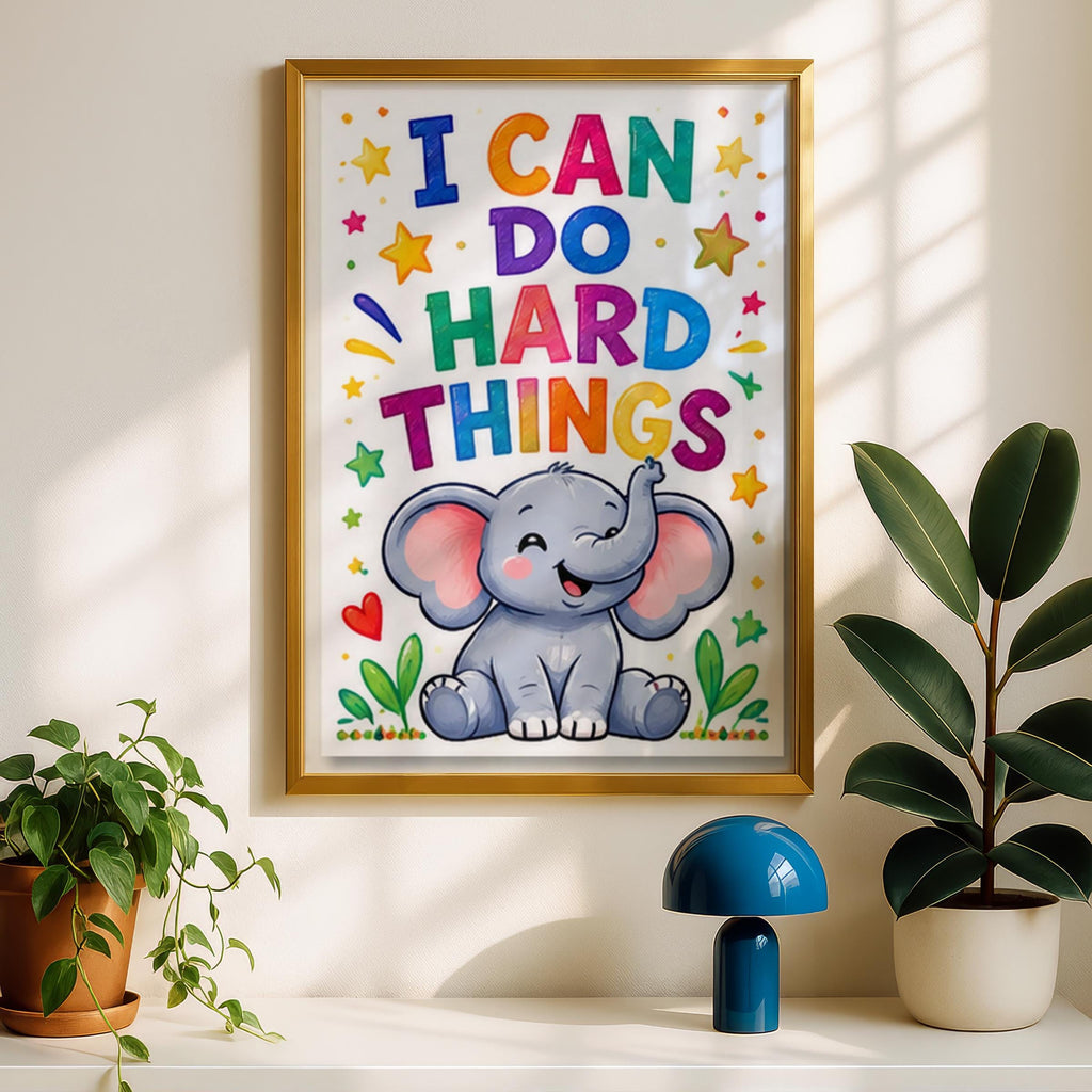 I Can Do Hard Things Elephant Poster, Kids Positive Affirmation Print, Nursery Wall Art