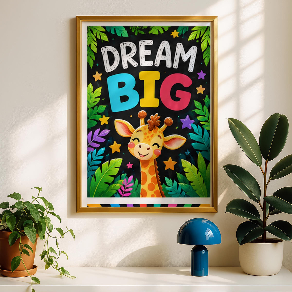 Dream Big Giraffe Nursery Poster, Kids Room Wall Art, Jungle Animal Print, Colourful Playroom Decor