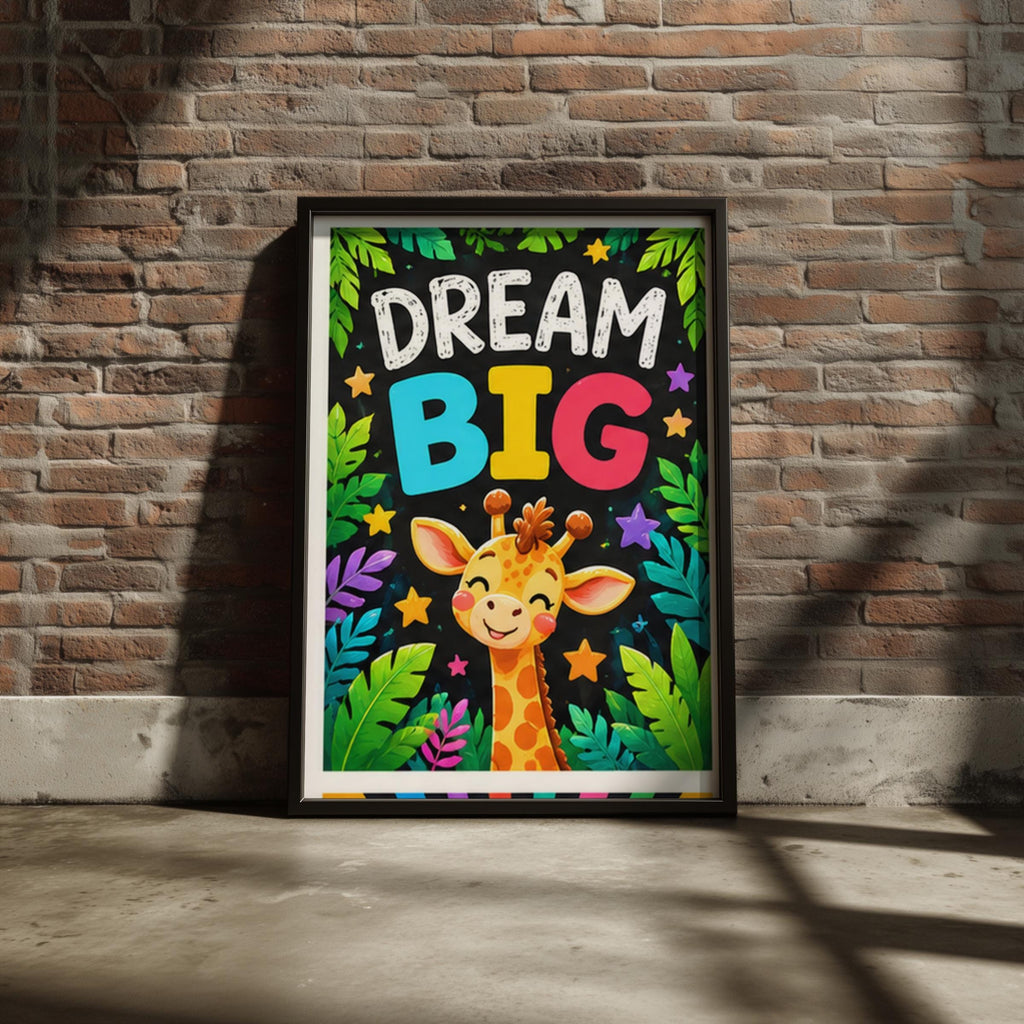 Dream Big Giraffe Nursery Poster, Kids Room Wall Art, Jungle Animal Print, Colourful Playroom Decor