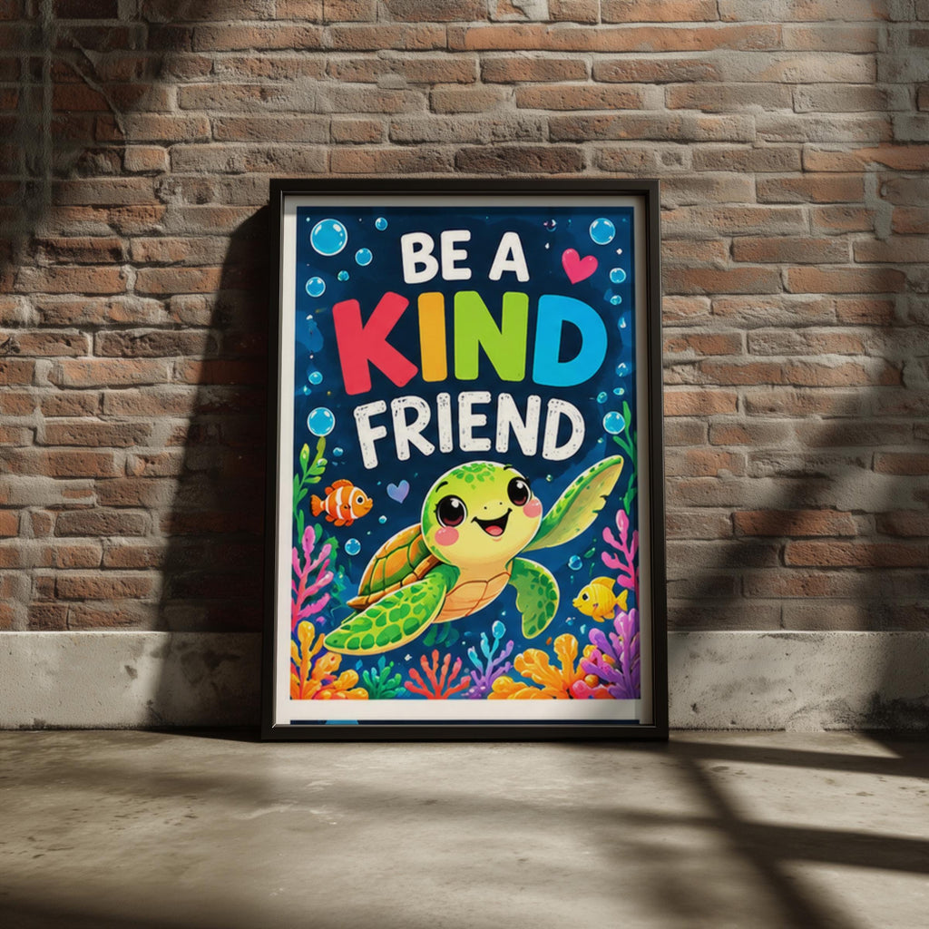 Be A Kind Friend Sea Turtle Poster, Nursery Wall Art, Kids Room Ocean Print, Colourful Coral Reef