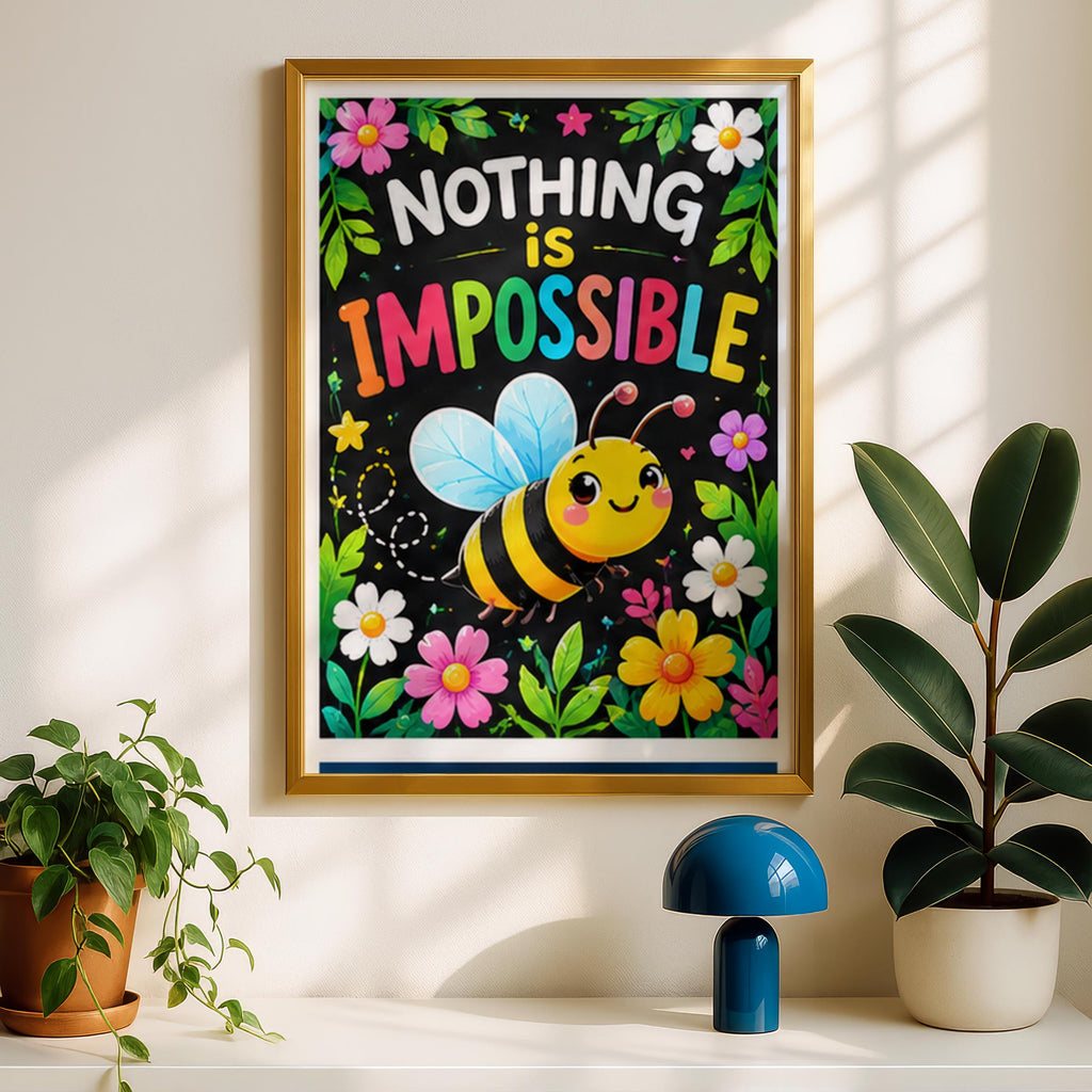 Nothing Is Impossible Bee Poster, Cute Motivational Quote Print, Colourful Nursery Wall Art