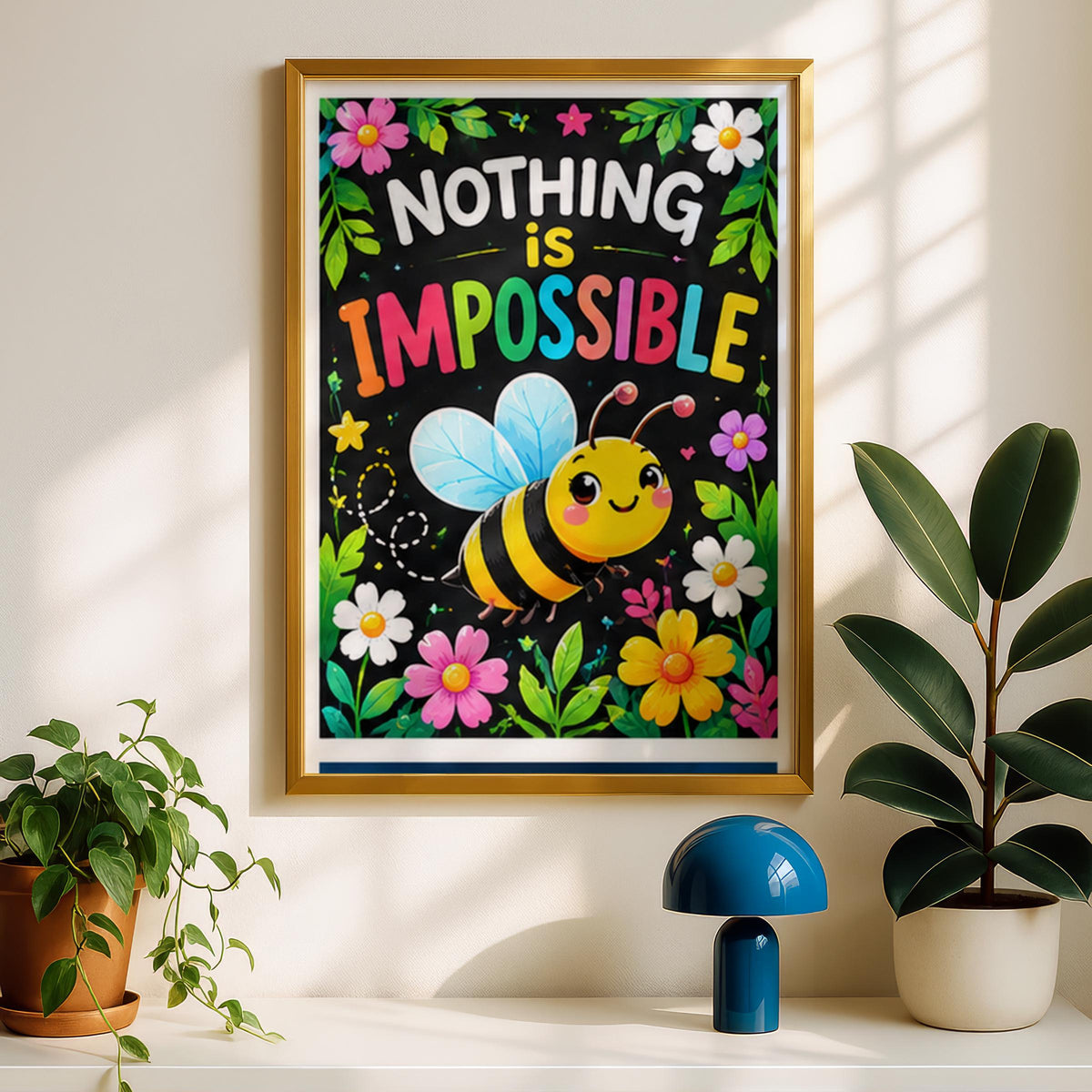 Nothing Is Impossible Bee Poster, Cute Motivational Quote Print, Colourful Nursery Wall Art