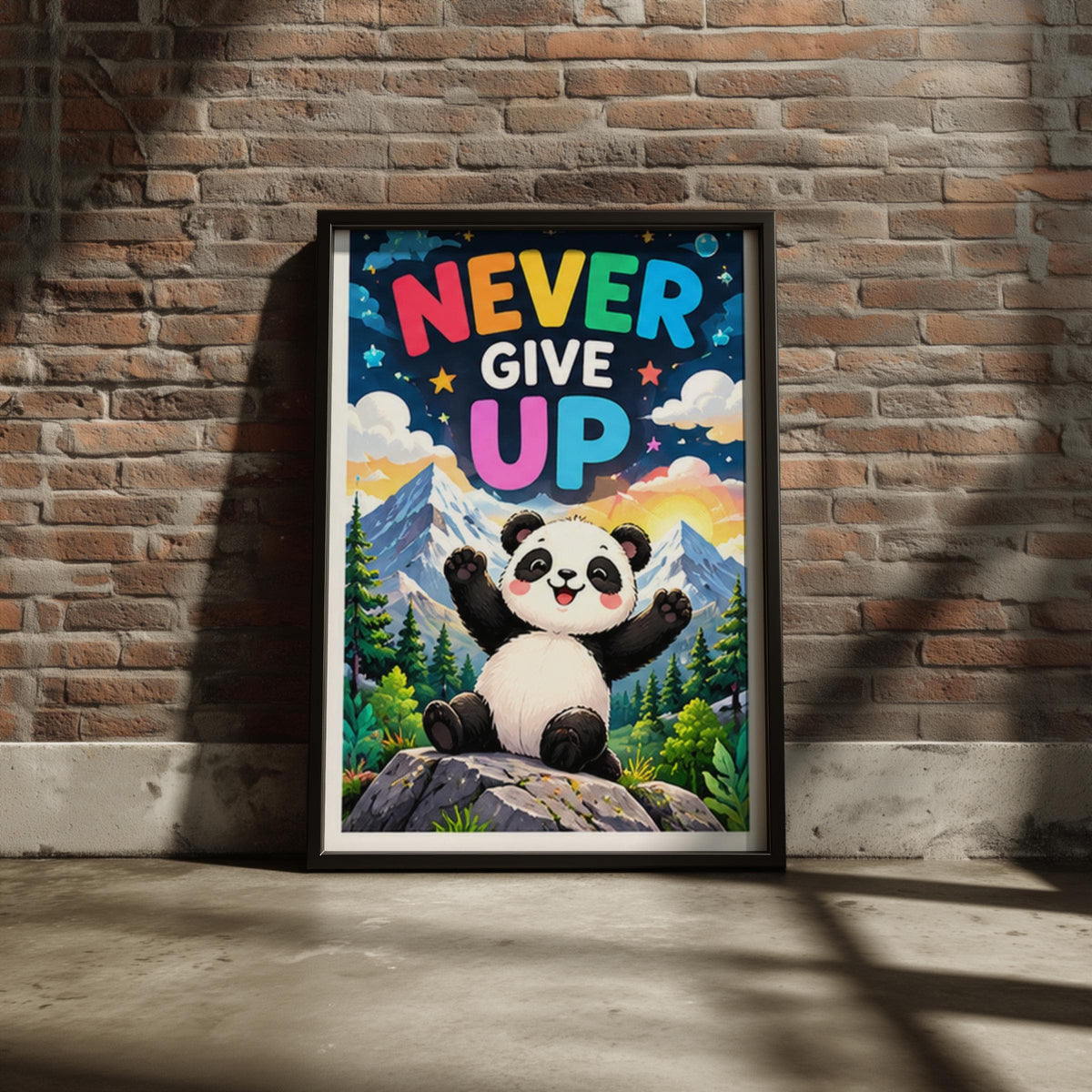 Never Give Up Panda Print, Cute Motivational Poster, Kids Room Wall Art, Nursery Decor