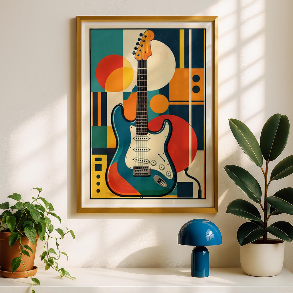 Retro Electric Guitar Poster, Mid Century Music Wall Art, Geometric Abstract Print, Teal Orange